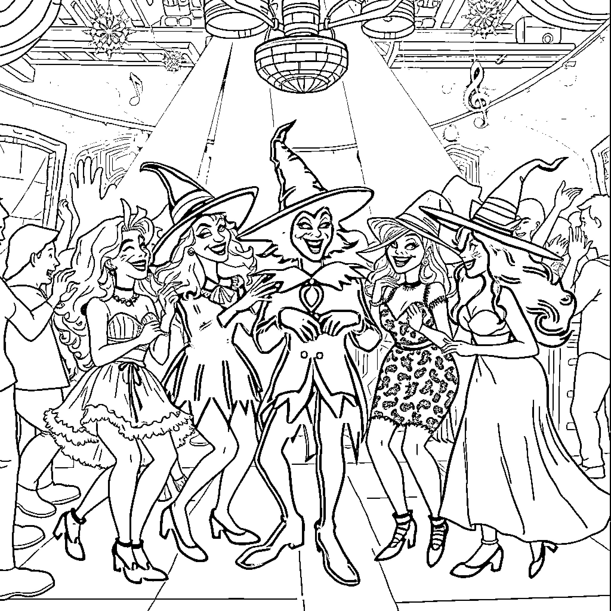 Wicked Witches Casting Spells at Enchanting Masquerade Coloring Page (free black-and-white line drawing printable PDF for all, from beginners to advanced learners, including children, teens, adults, and seniors)