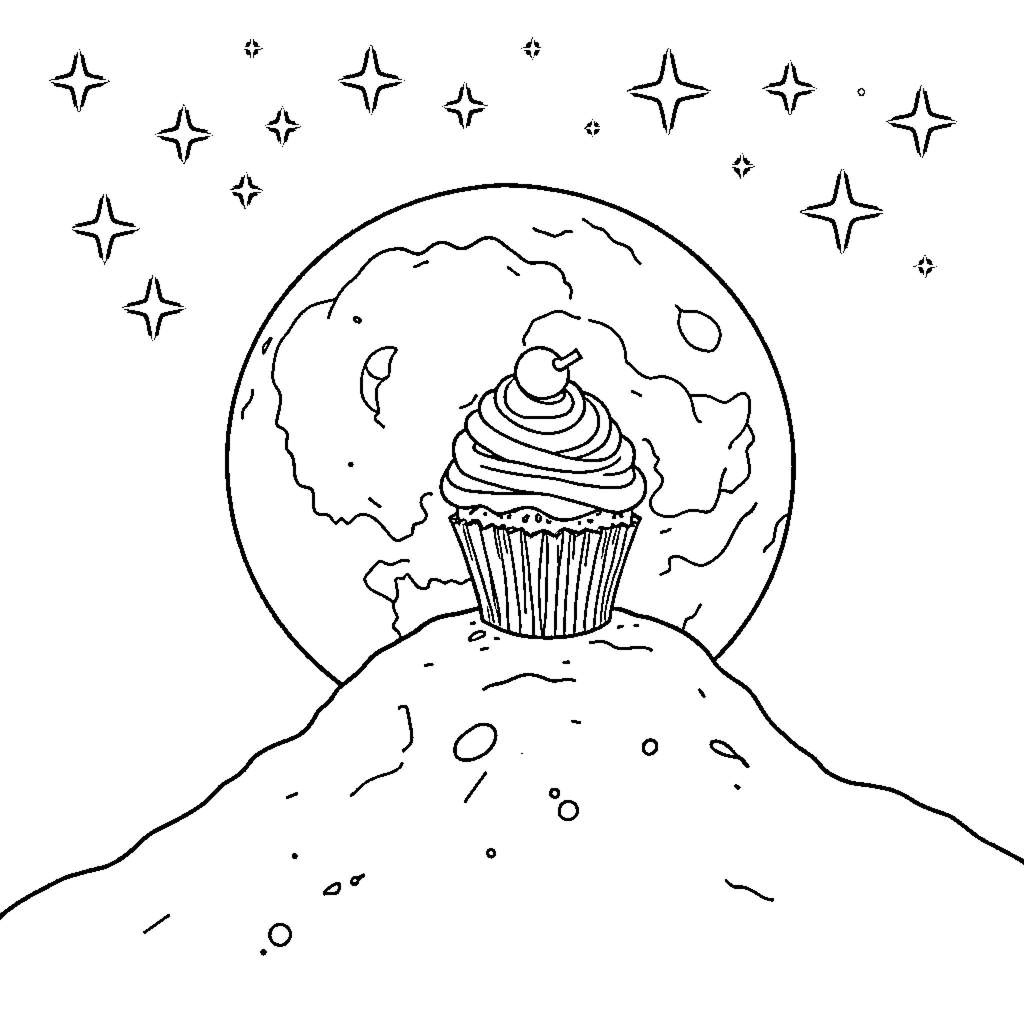 Cupcake Shining in the Starry Night Coloring Page (free black-and-white line drawing printable PDF for all, from beginners to advanced learners, including children, teens, adults, and seniors)