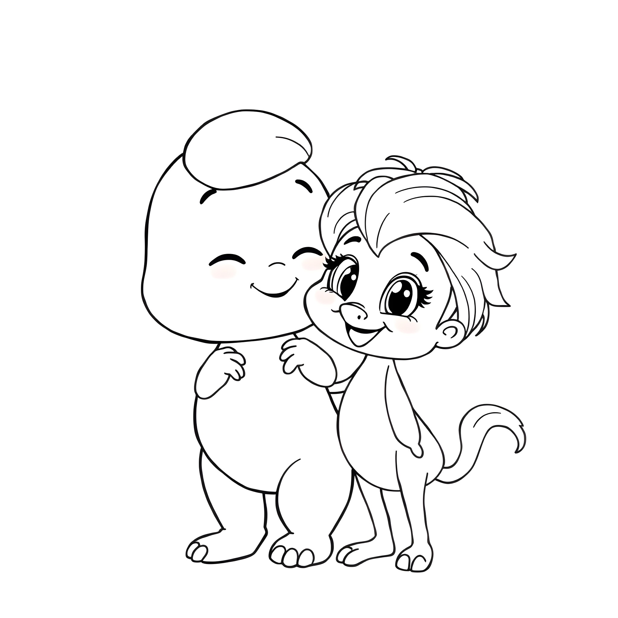 Butter and Puppy Enjoying Each Other's Company Coloring Page (free black-and-white line drawing printable PDF for all, from beginners to advanced learners, including children, teens, adults, and seniors)