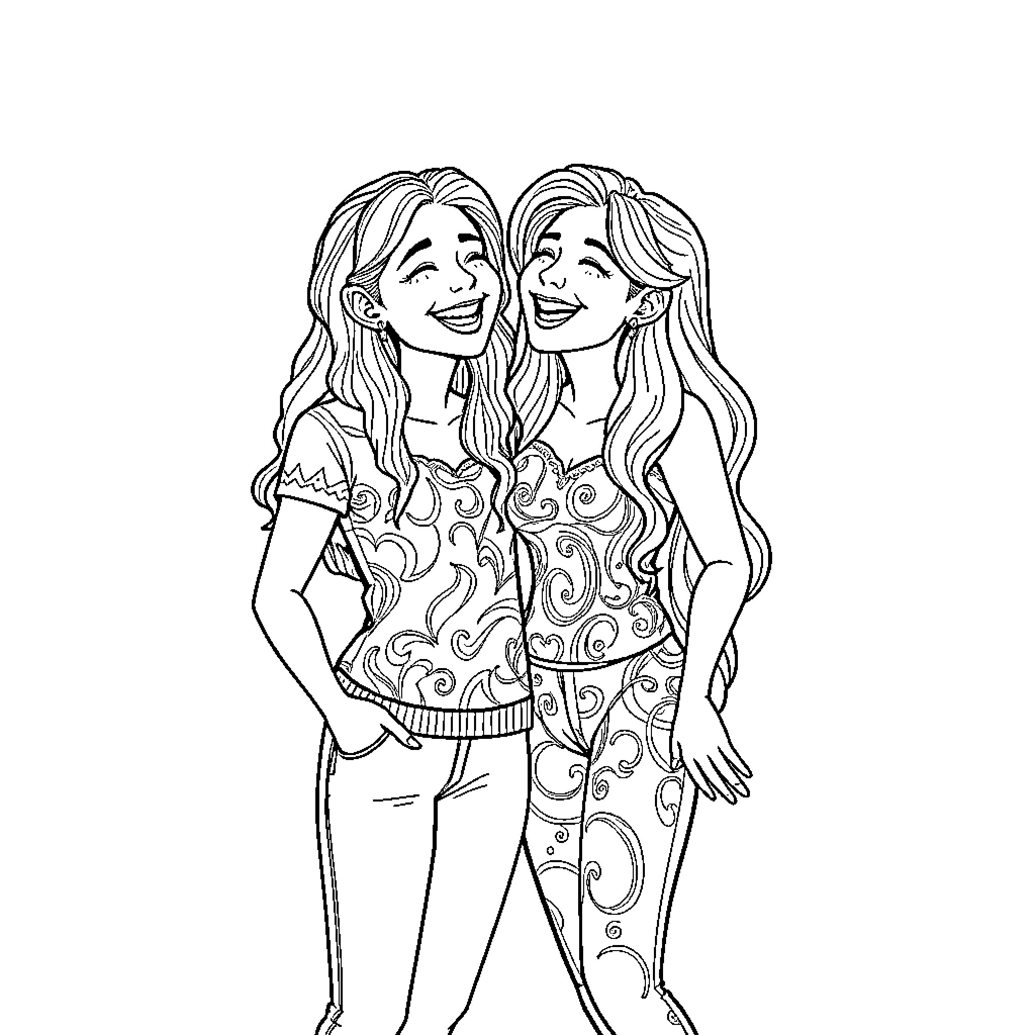 Iris Sharing a Joyful Moment with a Friend Coloring Page (free black-and-white line drawing printable PDF for all, from beginners to advanced learners, including children, teens, adults, and seniors)