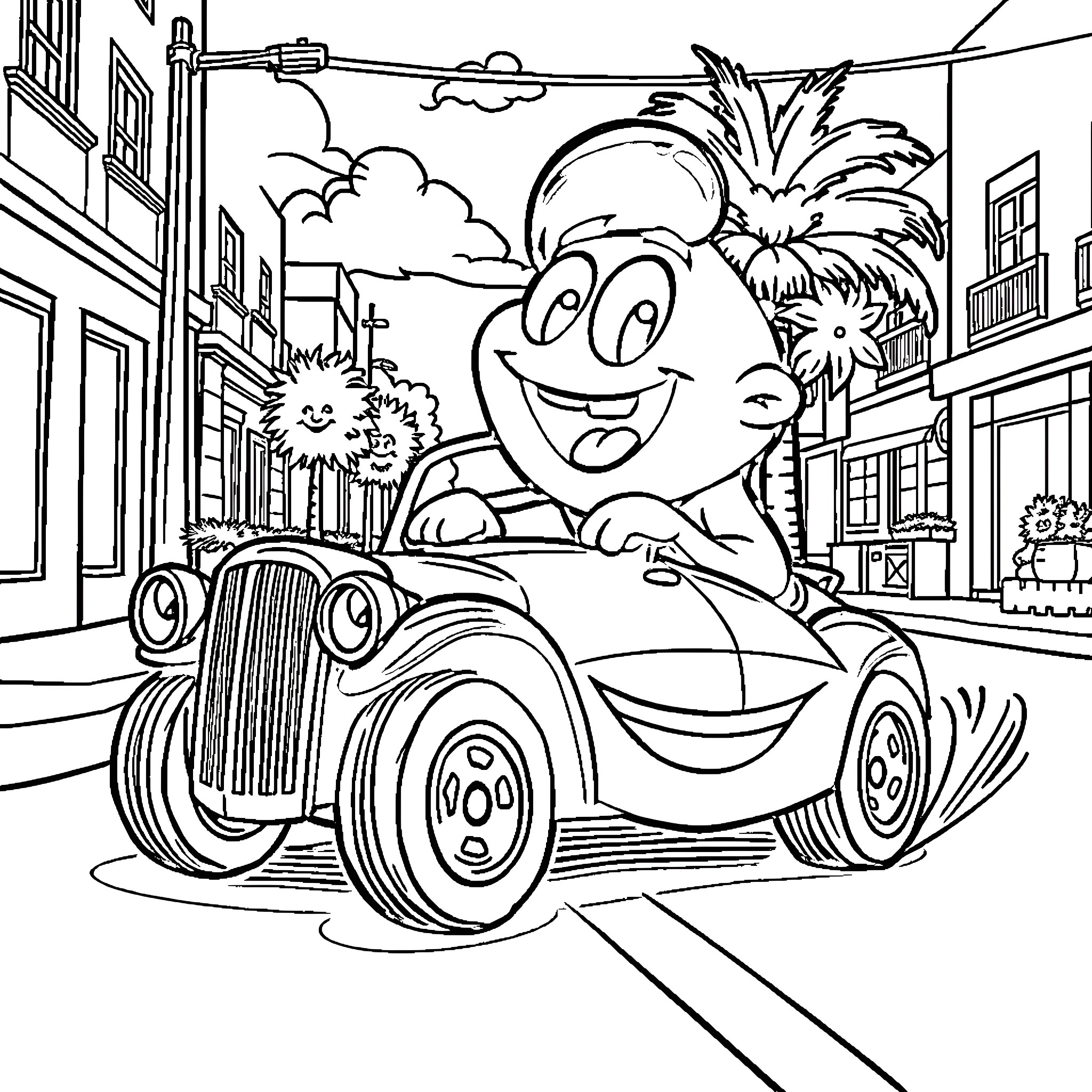Bluey driving a vintage car through the town Coloring Page (free black-and-white line drawing printable PDF for all, from beginners to advanced learners, including children, teens, adults, and seniors)