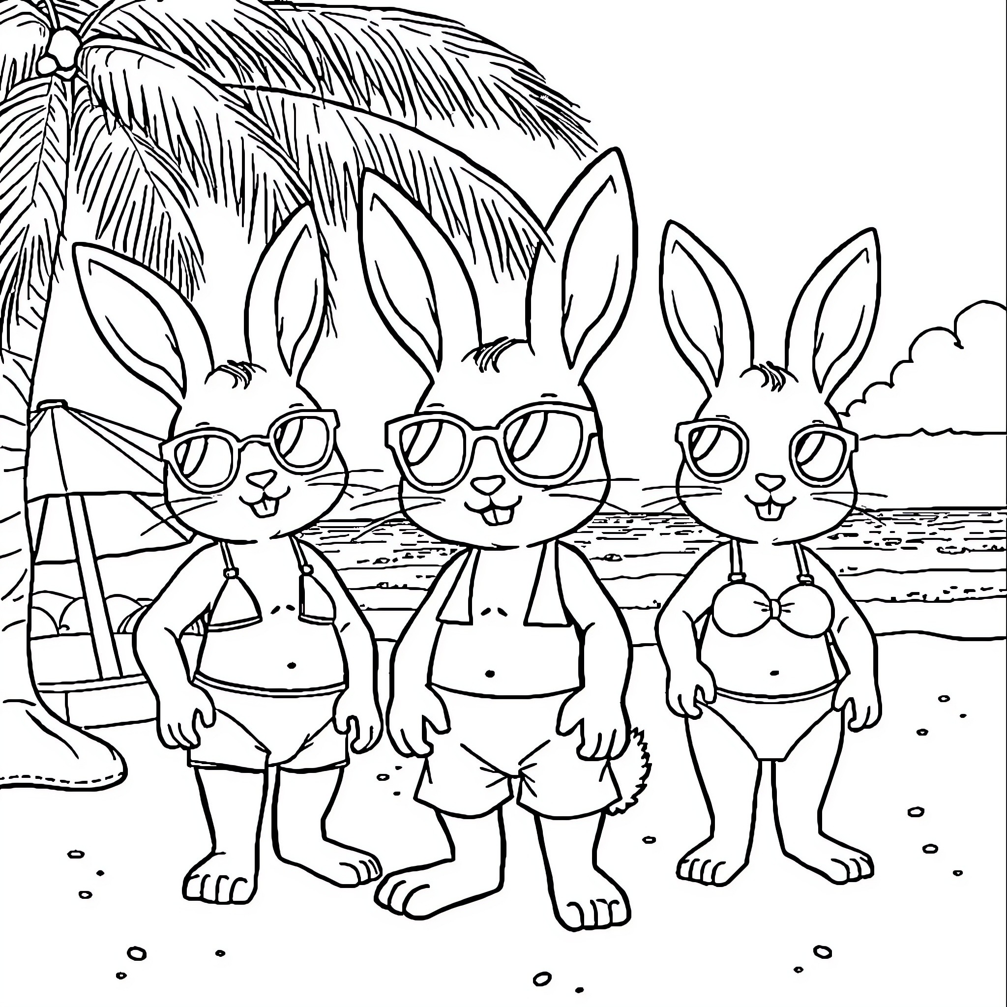 Bunny friends enjoying a sunny day at the beach Coloring Page (free black-and-white line drawing printable PDF for all, from beginners to advanced learners, including children, teens, adults, and seniors)