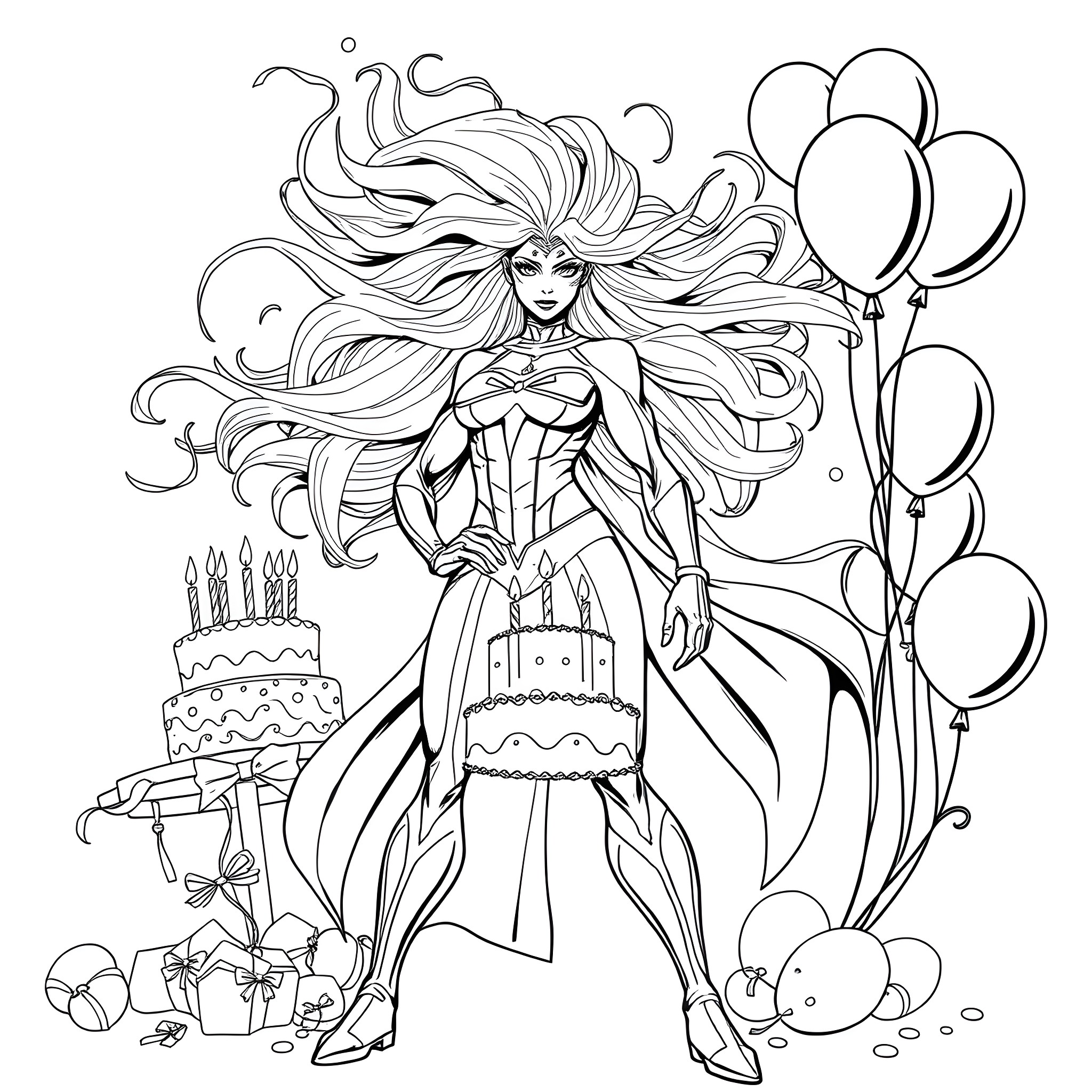 Storm of Party Celebration with Vibrant Hair Coloring Page (free black-and-white line drawing printable PDF for all, from beginners to advanced learners, including children, teens, adults, and seniors)