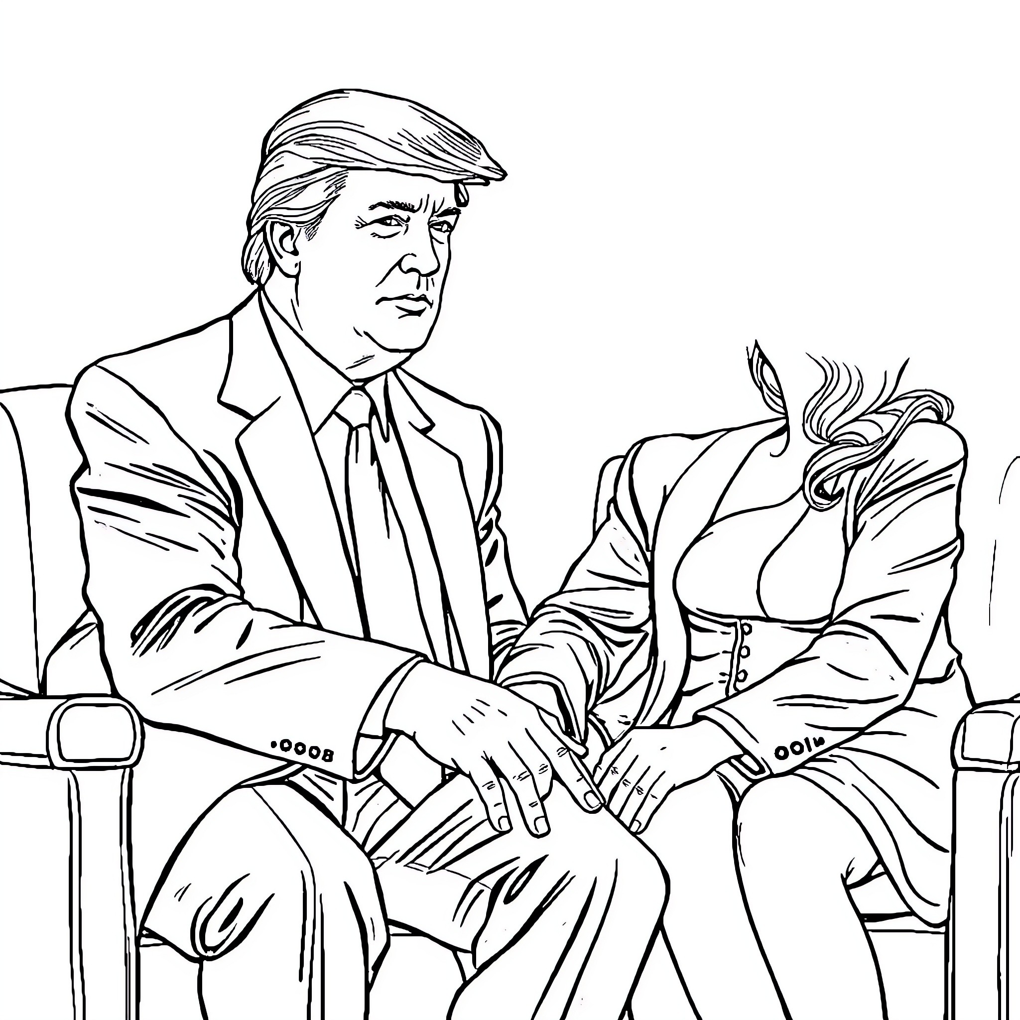 Lady in Formal Attire with Prominent Gentleman Coloring Page (free black-and-white line drawing printable PDF for all, from beginners to advanced learners, including children, teens, adults, and seniors)