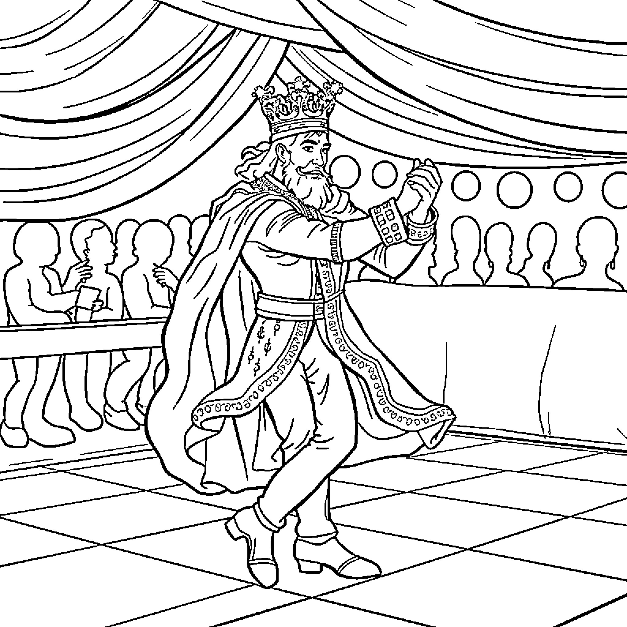 King presiding over royal court in ornate attire Coloring Page (free black-and-white line drawing printable PDF for all, from beginners to advanced learners, including children, teens, adults, and seniors)