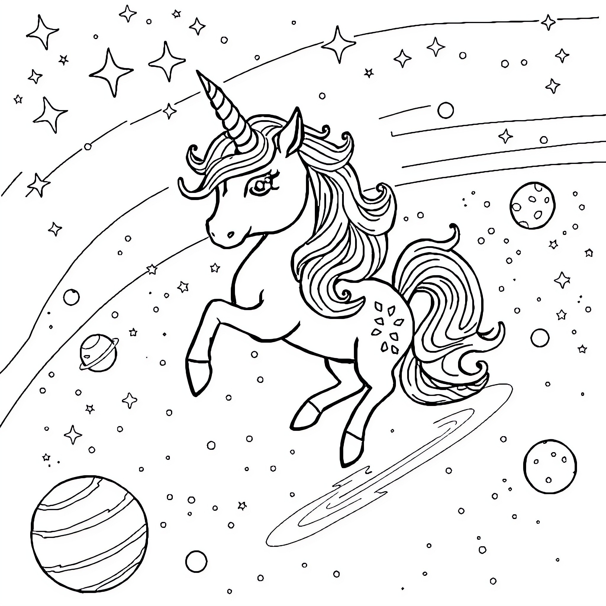 Unicorn Galloping Through Starry Cosmic Landscape Coloring Page (free black-and-white line drawing printable PDF for all, from beginners to advanced learners, including children, teens, adults, and seniors)