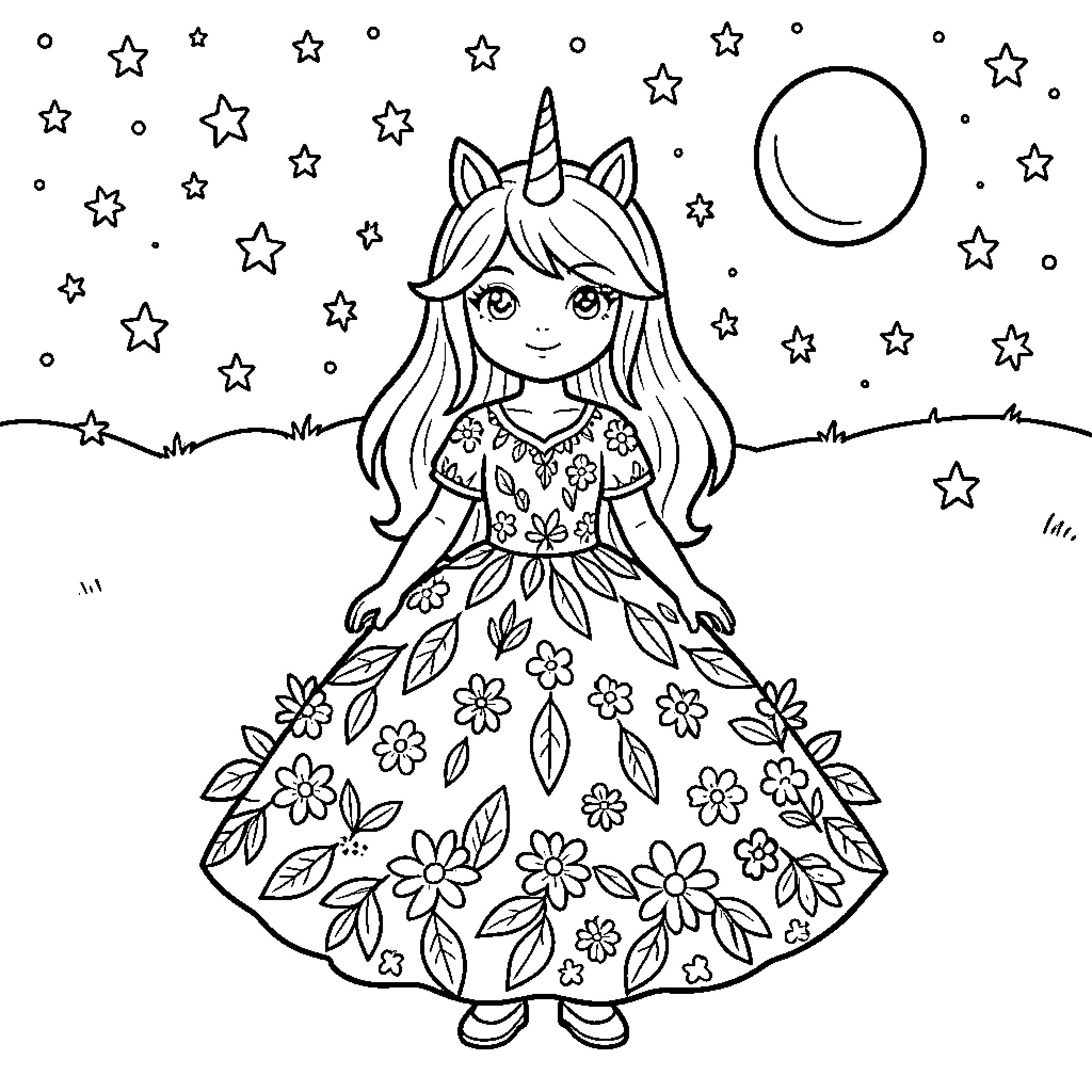 Licorne girl wearing floral dress under starry night sky Coloring Page (free black-and-white line drawing printable PDF for all, from beginners to advanced learners, including children, teens, adults, and seniors)
