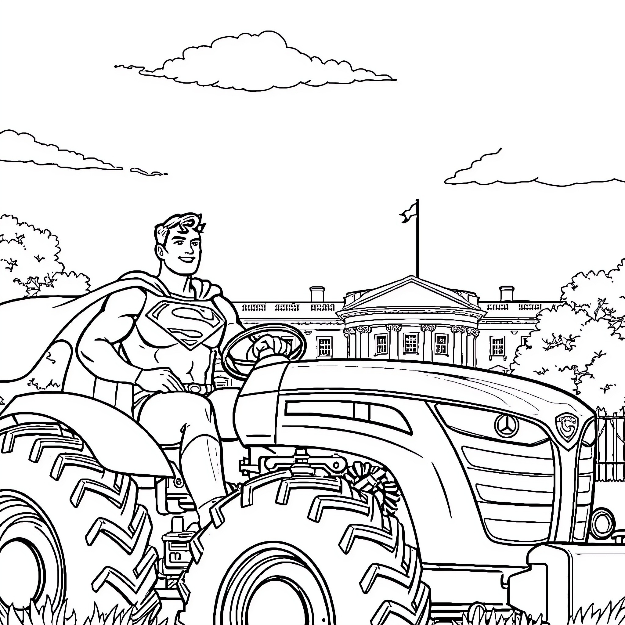 Superman operating a tractor on the White House lawn Coloring Page (free black-and-white line drawing printable PDF for all, from beginners to advanced learners, including children, teens, adults, and seniors)