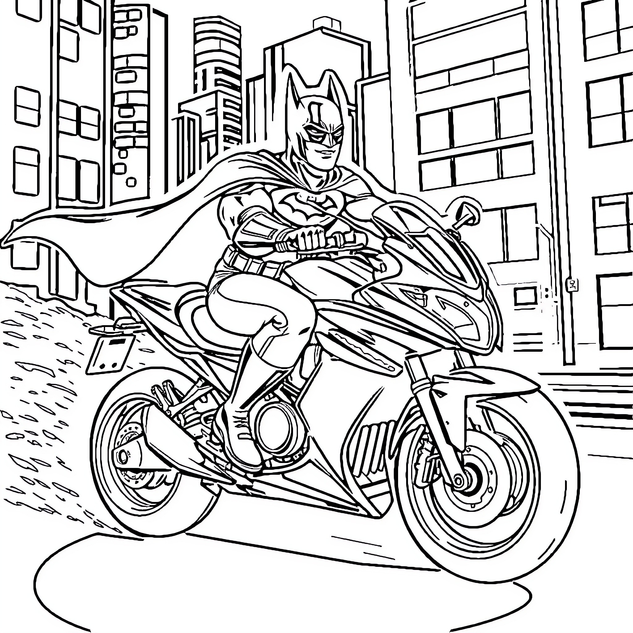 Batman on a Motorcycle in the City Coloring Page (free black-and-white line drawing printable PDF for all, from beginners to advanced learners, including children, teens, adults, and seniors)
