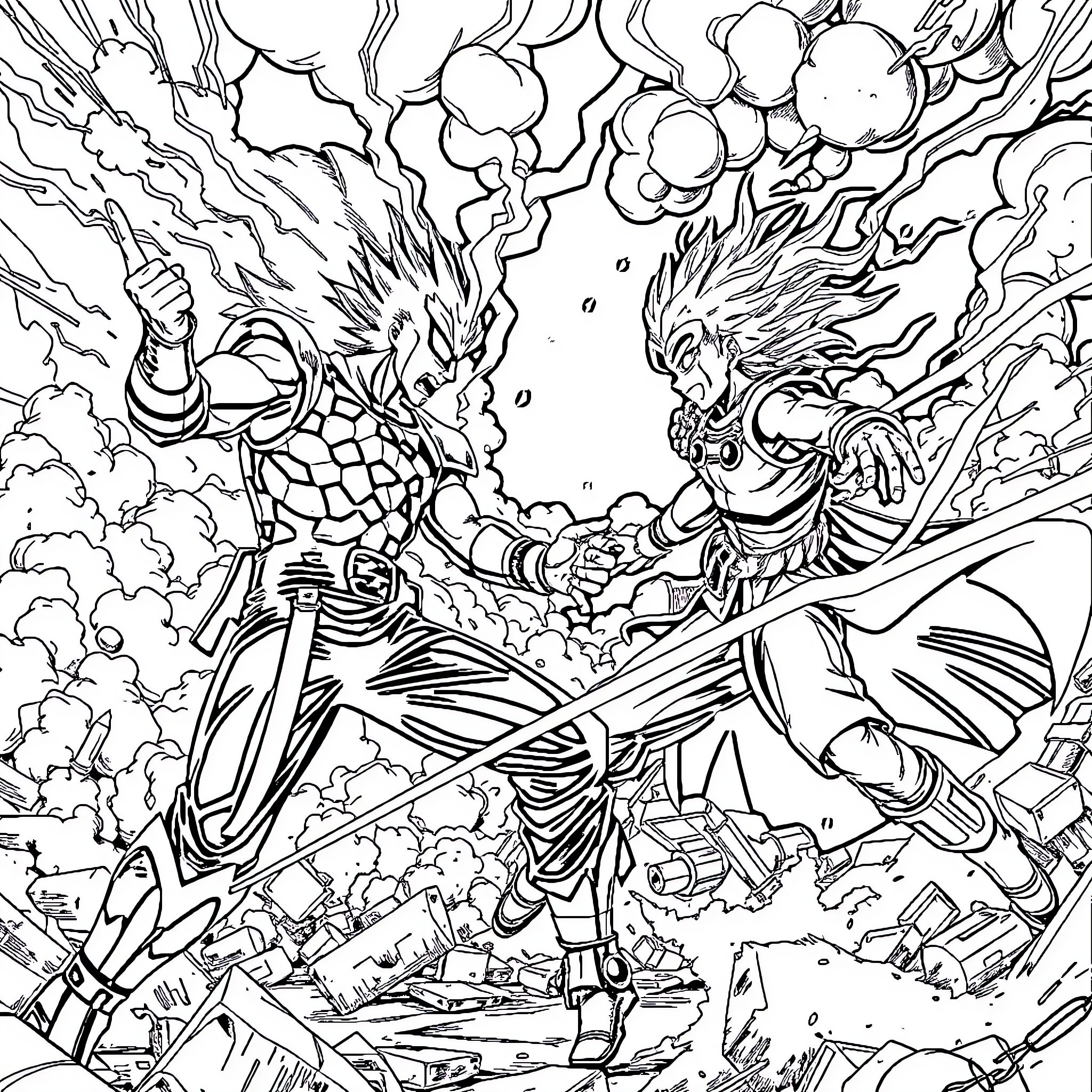 Deco Explosive Clash of Mythical Beings Coloring Page (free black-and-white line drawing printable PDF for all, from beginners to advanced learners, including children, teens, adults, and seniors)