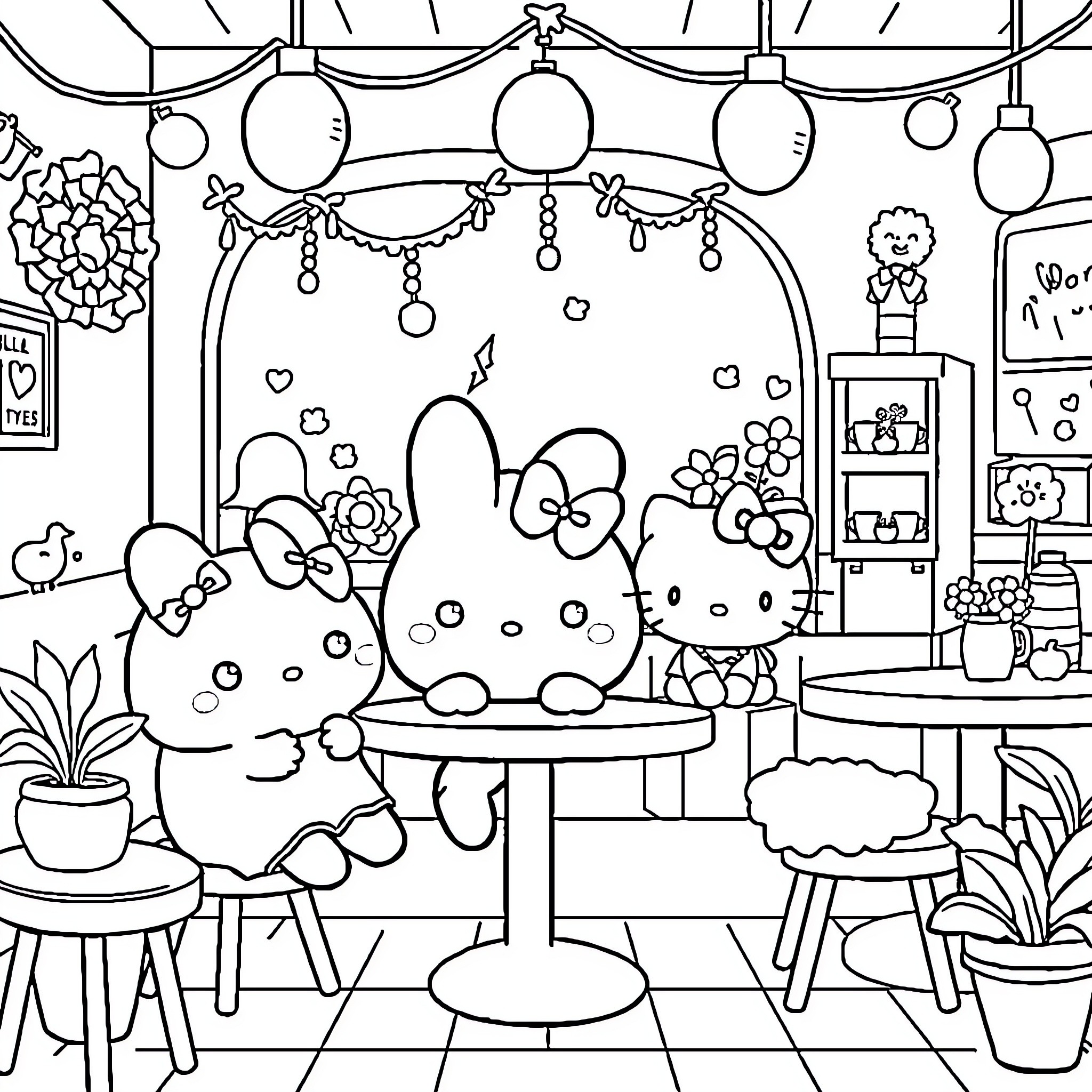 Cinnamoroll enjoying a cozy cafe setting Coloring Page (free black-and-white line drawing printable PDF for all, from beginners to advanced learners, including children, teens, adults, and seniors)