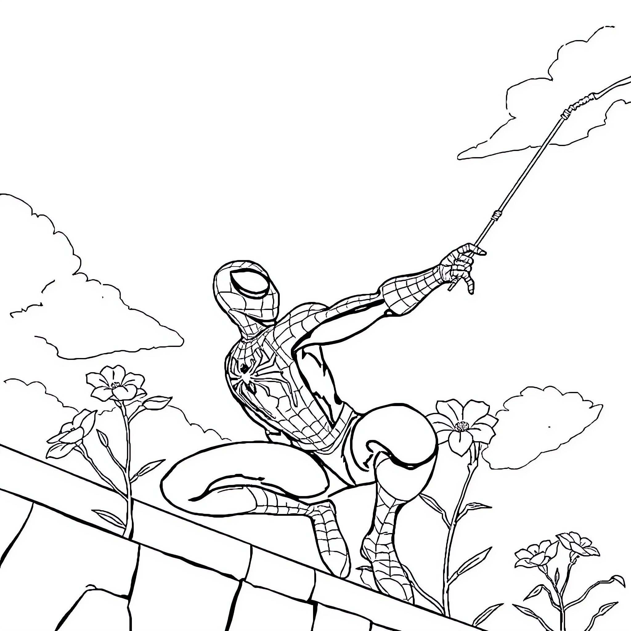 Spiderman swinging through a floral landscape Coloring Page (free black-and-white line drawing printable PDF for all, from beginners to advanced learners, including children, teens, adults, and seniors)