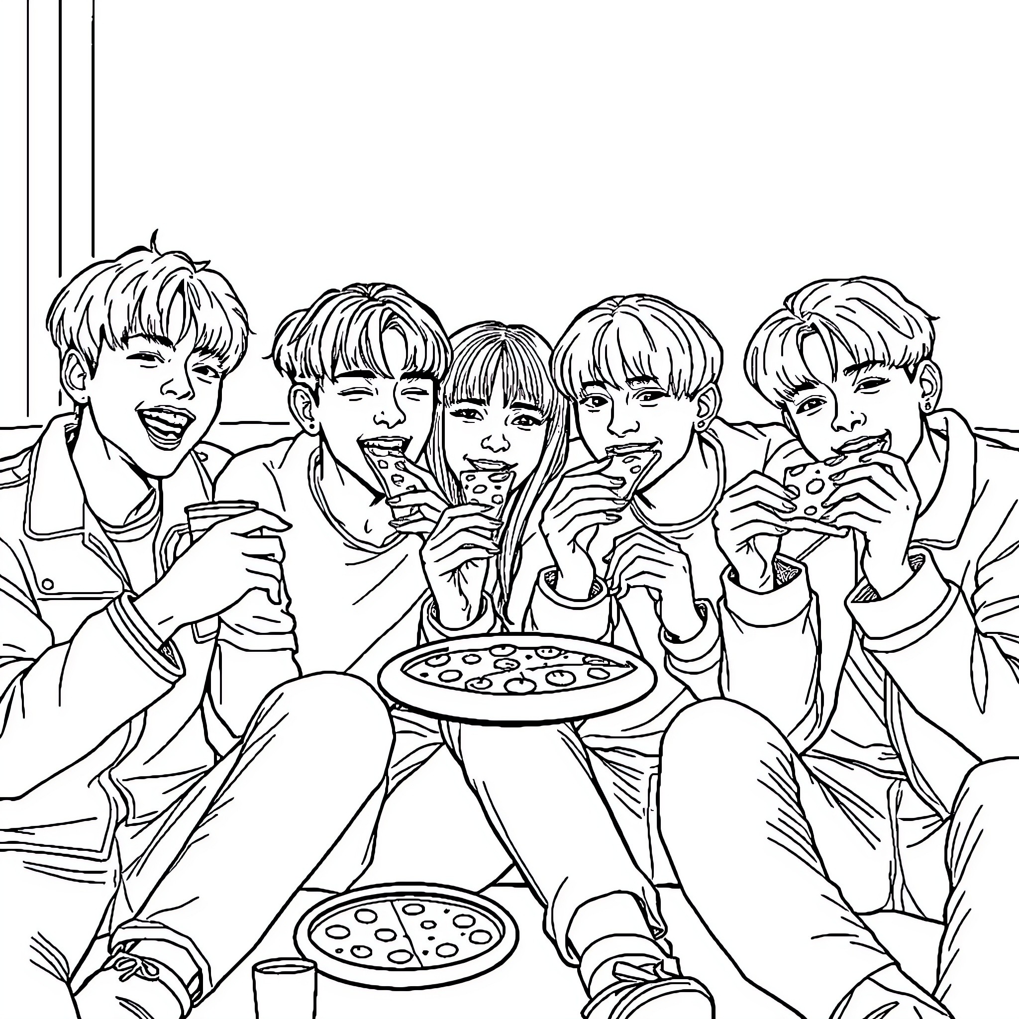 Kpop Group Enjoying Pizza and Drinks Together Coloring Page (free black-and-white line drawing printable PDF for all, from beginners to advanced learners, including children, teens, adults, and seniors)