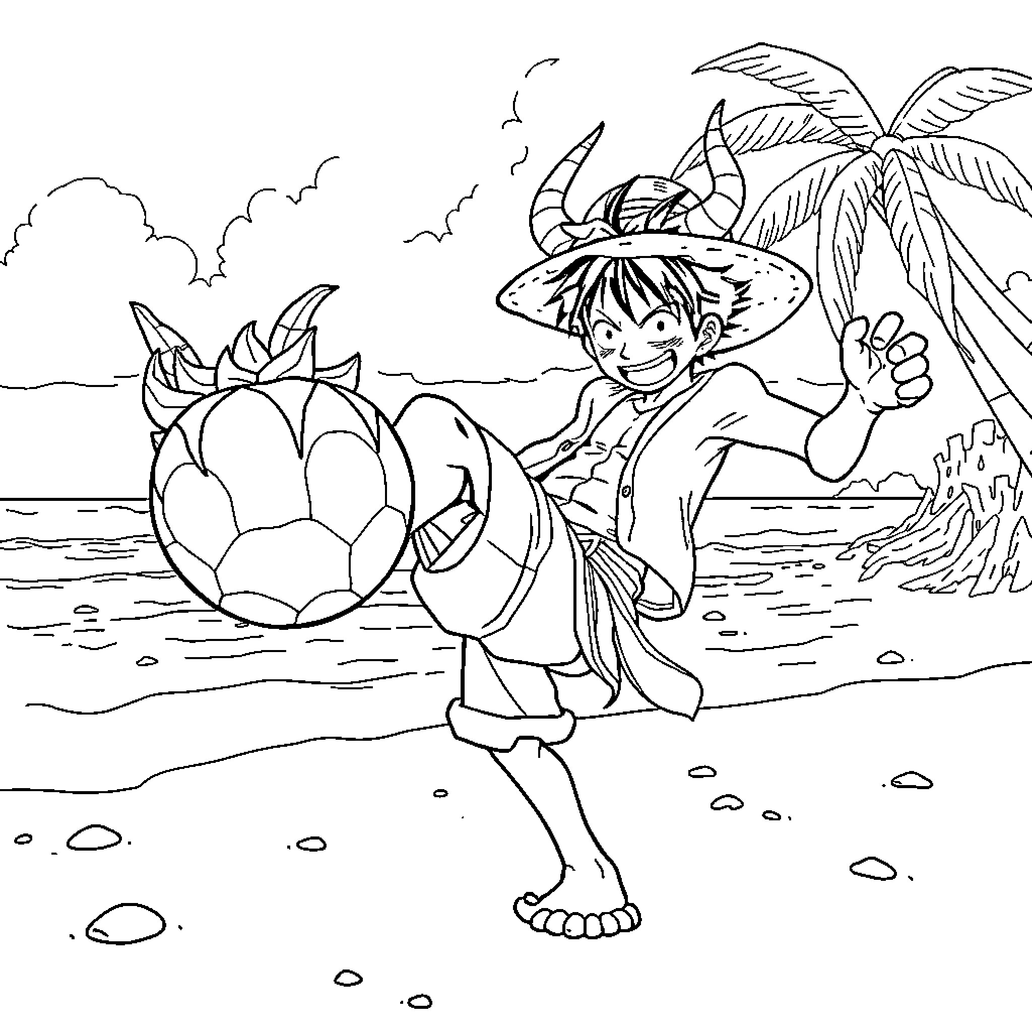 Luffy's Tropical Adventure on the Beach Coloring Page (free black-and-white line drawing printable PDF for all, from beginners to advanced learners, including children, teens, adults, and seniors)