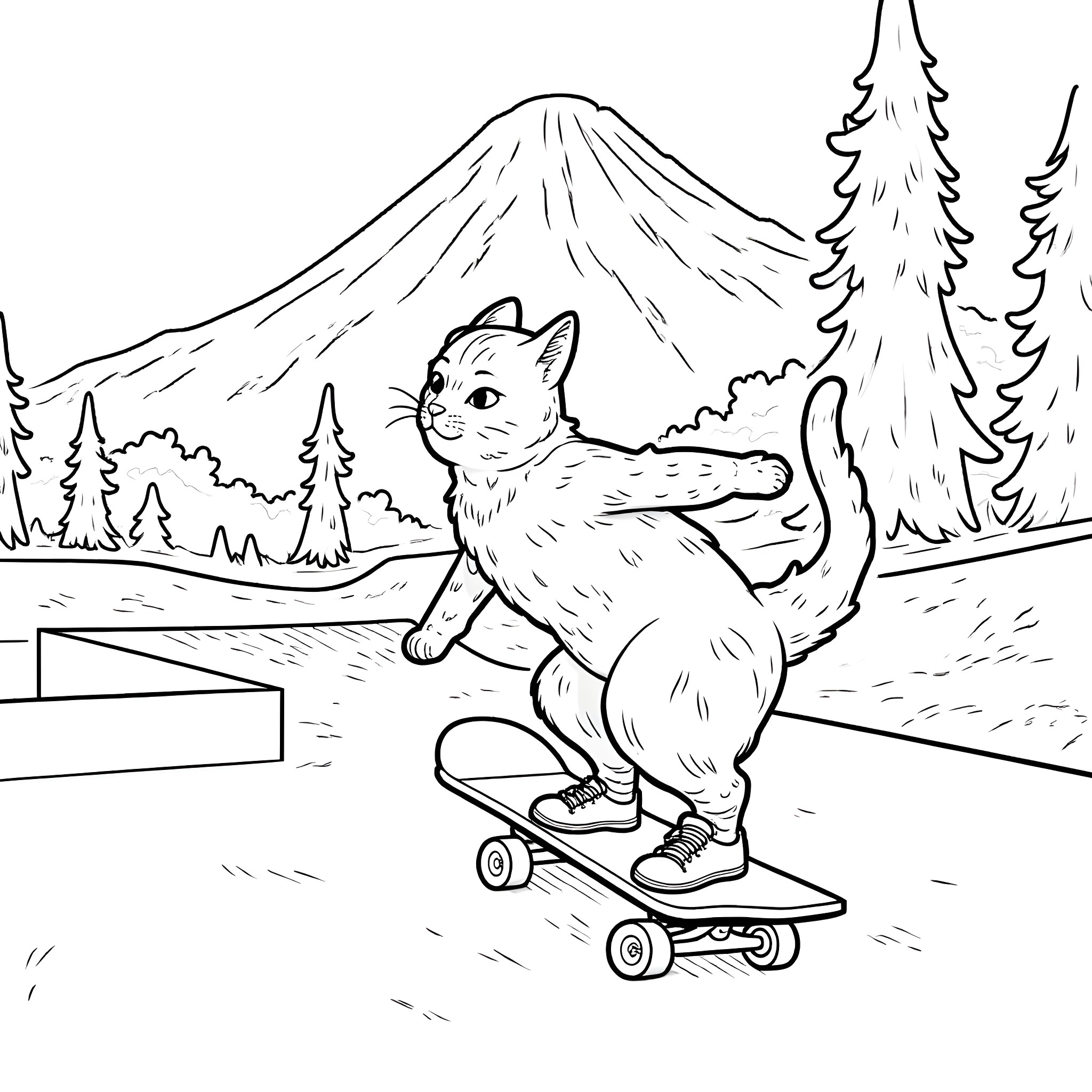 Cat riding a skateboard in the mountains Coloring Page (free black-and-white line drawing printable PDF for all, from beginners to advanced learners, including children, teens, adults, and seniors)