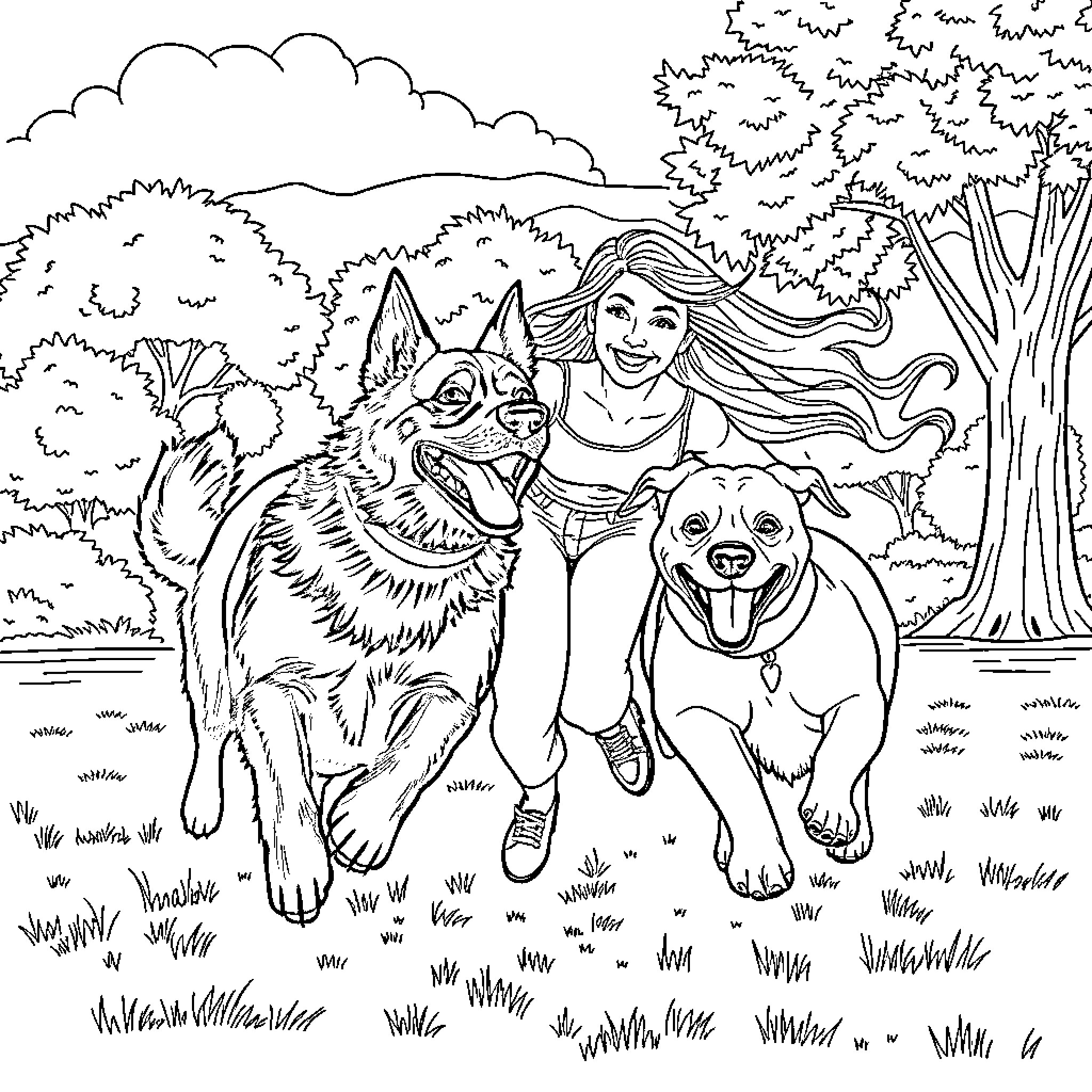 Lady plays joyfully with two friendly dogs in the park Coloring Page (free black-and-white line drawing printable PDF for all, from beginners to advanced learners, including children, teens, adults, and seniors)