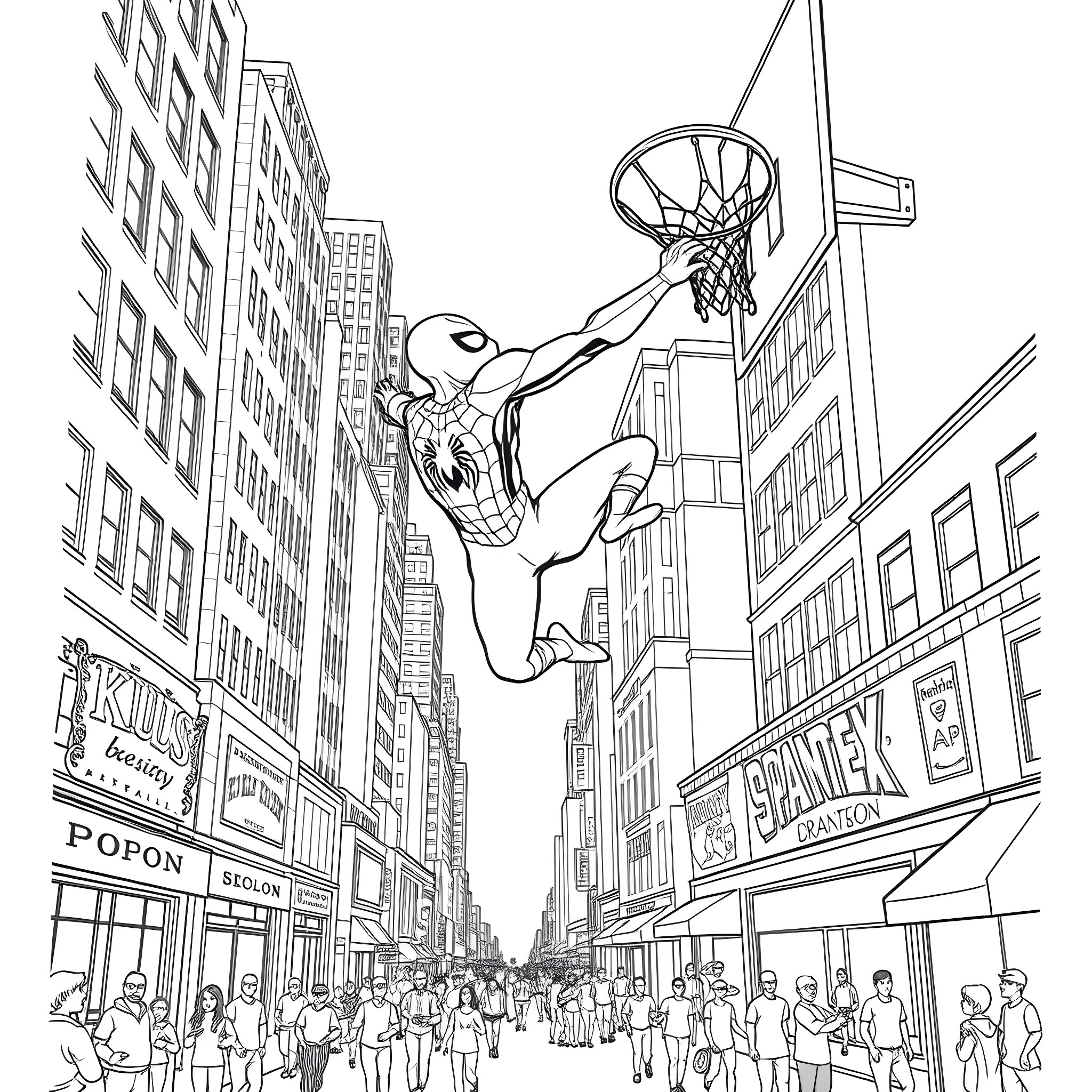 Spider-Man swinging through the bustling city streets Coloring Page (free black-and-white line drawing printable PDF for all, from beginners to advanced learners, including children, teens, adults, and seniors)