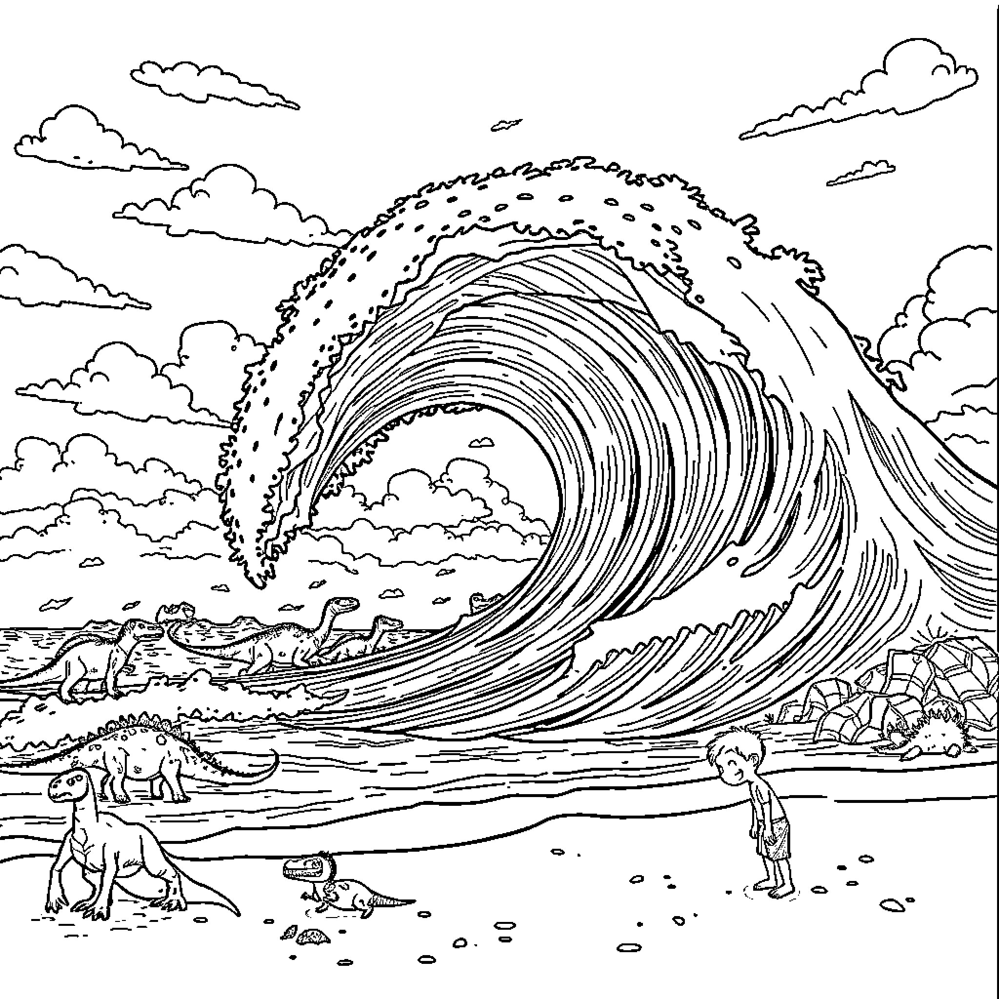 Tsunami wave engulfing coastal landscape with people and animals Coloring Page (free black-and-white line drawing printable PDF for all, from beginners to advanced learners, including children, teens, adults, and seniors)