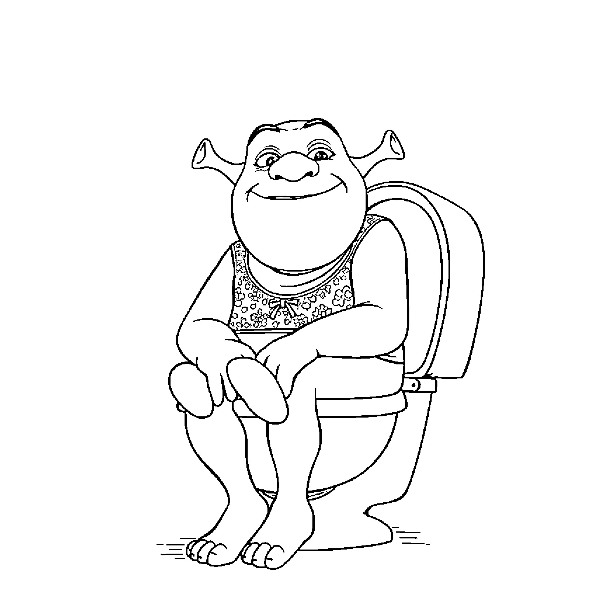 Shrek sitting cheerfully on the toilet Coloring Page (free black-and-white line drawing printable PDF for all, from beginners to advanced learners, including children, teens, adults, and seniors)