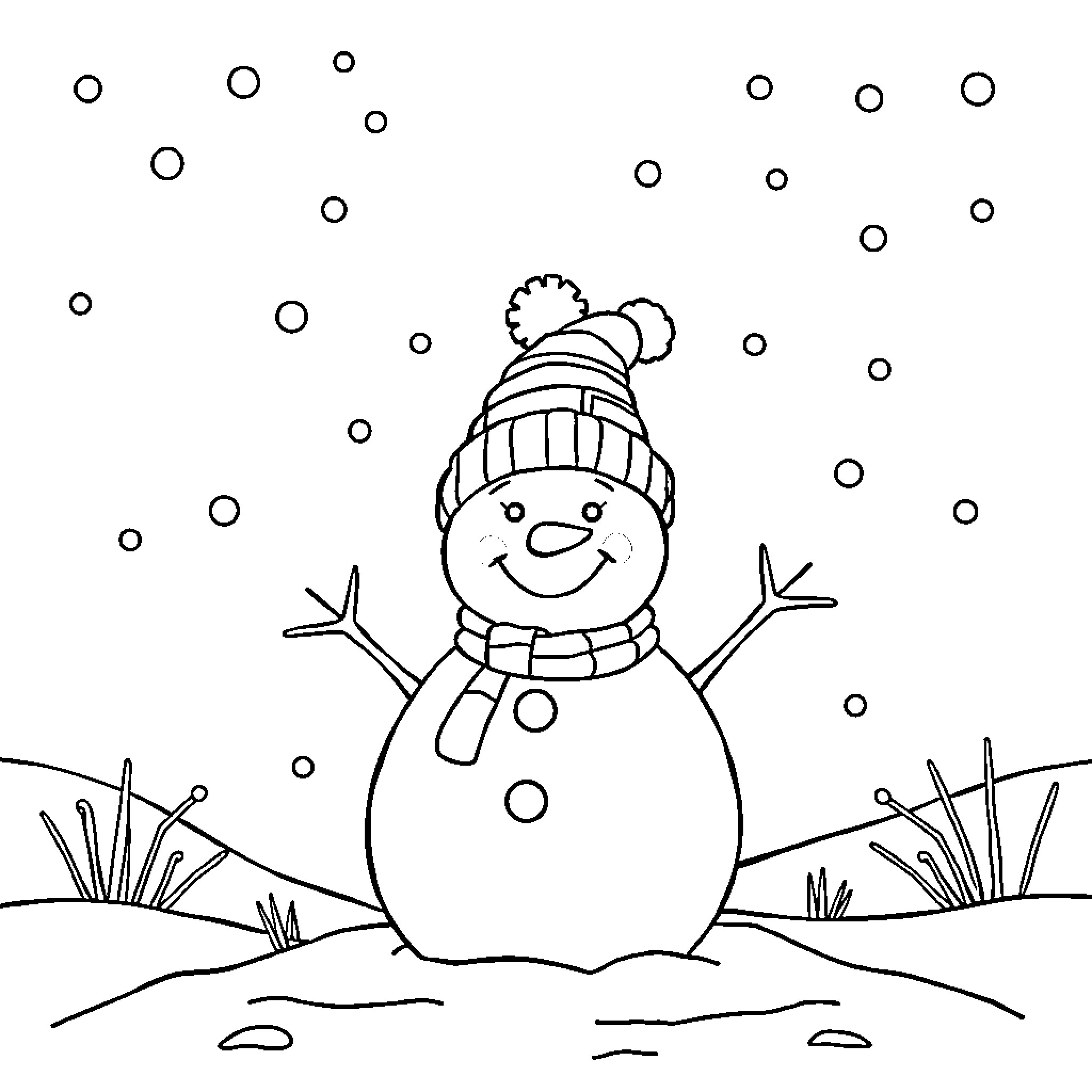 Snowman enjoying the snowy day Coloring Page (free black-and-white line drawing printable PDF for all, from beginners to advanced learners, including children, teens, adults, and seniors)