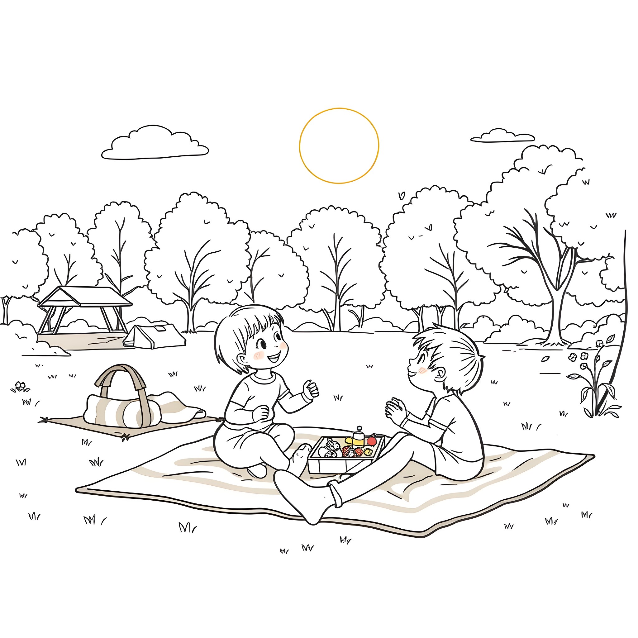 Father and son sharing picnic in the park Coloring Page (free black-and-white line drawing printable PDF for all, from beginners to advanced learners, including children, teens, adults, and seniors)