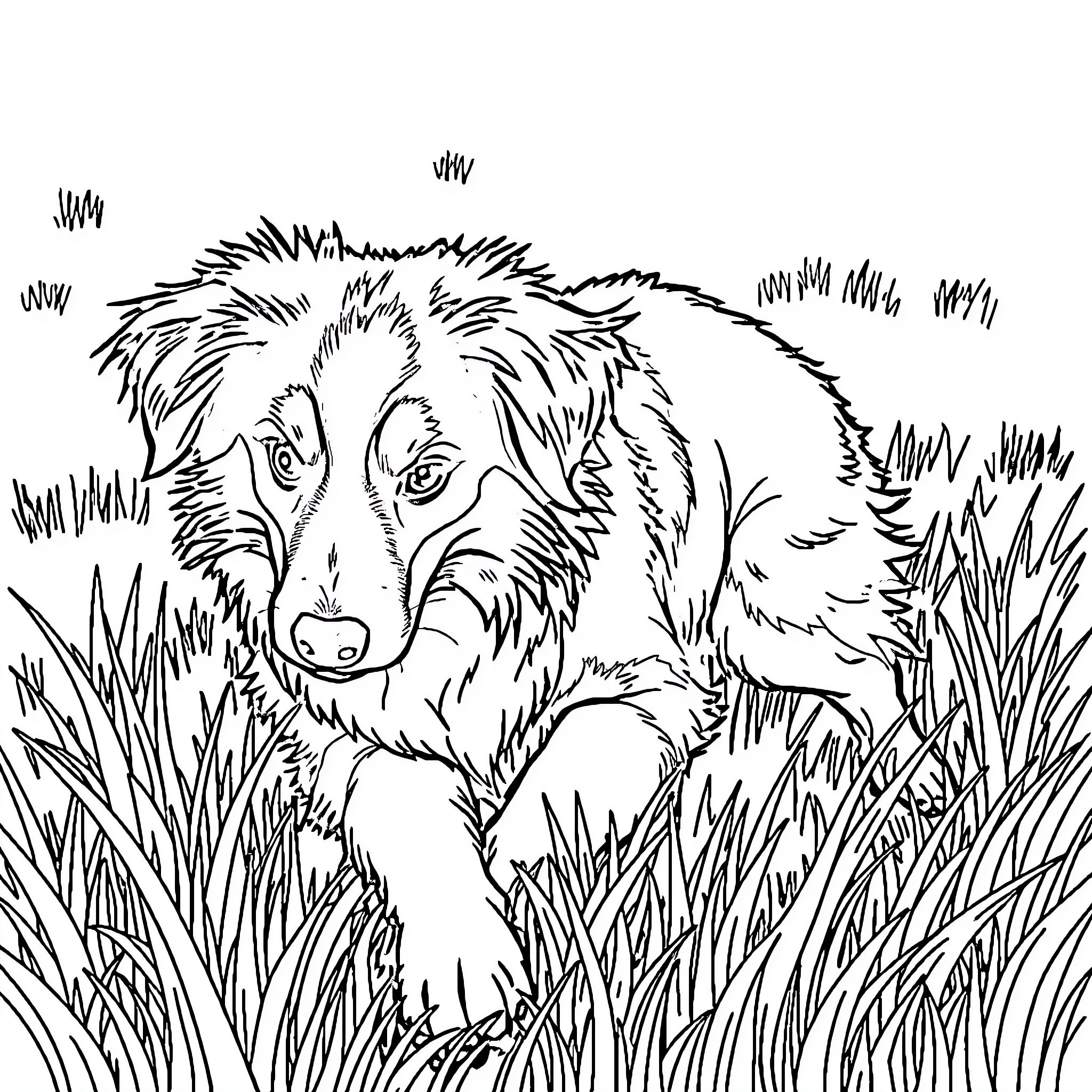 Australian Shepherd exploring tall grass field Coloring Page (free black-and-white line drawing printable PDF for all, from beginners to advanced learners, including children, teens, adults, and seniors)
