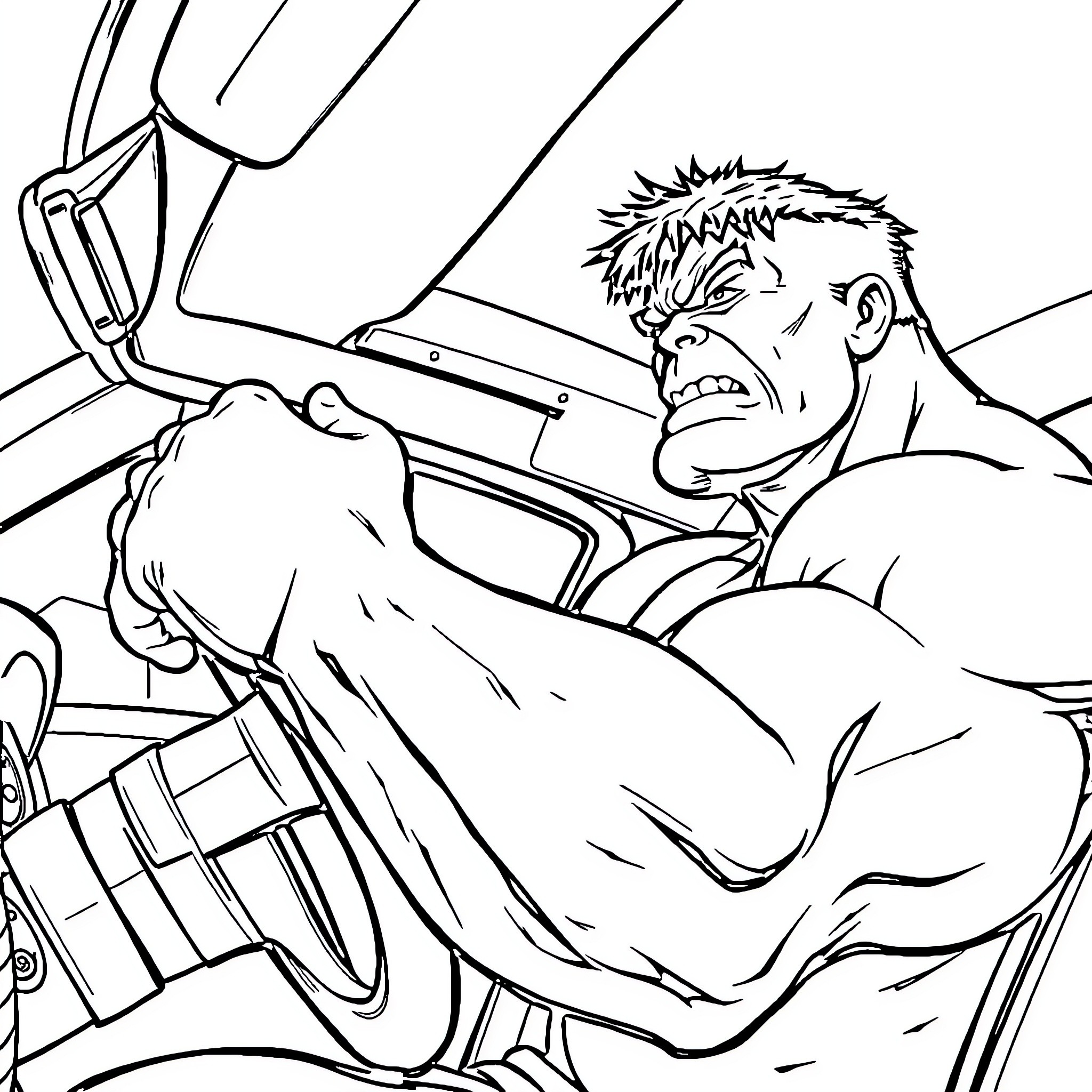 Hulk smashing through a vehicle in anger Coloring Page (free black-and-white line drawing printable PDF for all, from beginners to advanced learners, including children, teens, adults, and seniors)