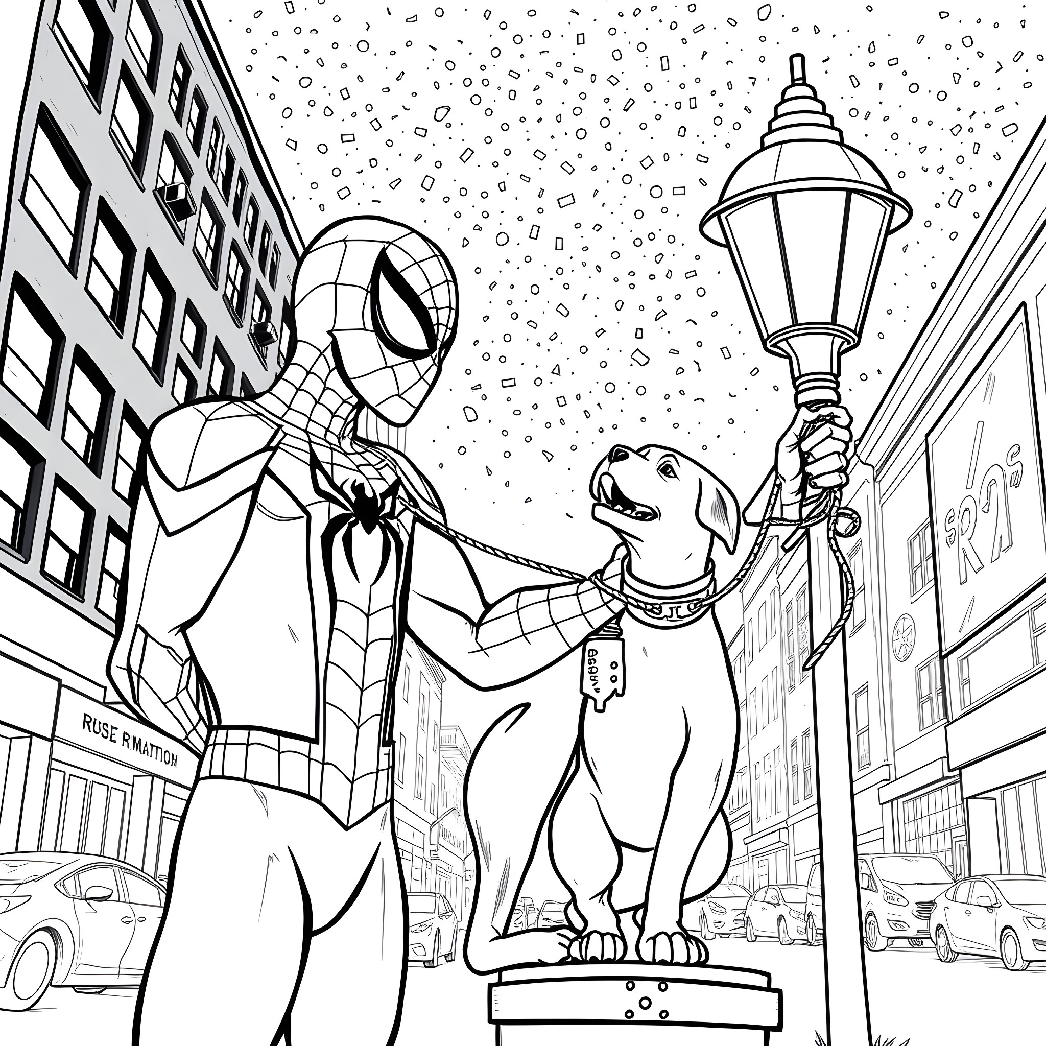 Spider-Man helps dog in snowy city Coloring Page (free black-and-white line drawing printable PDF for all, from beginners to advanced learners, including children, teens, adults, and seniors)