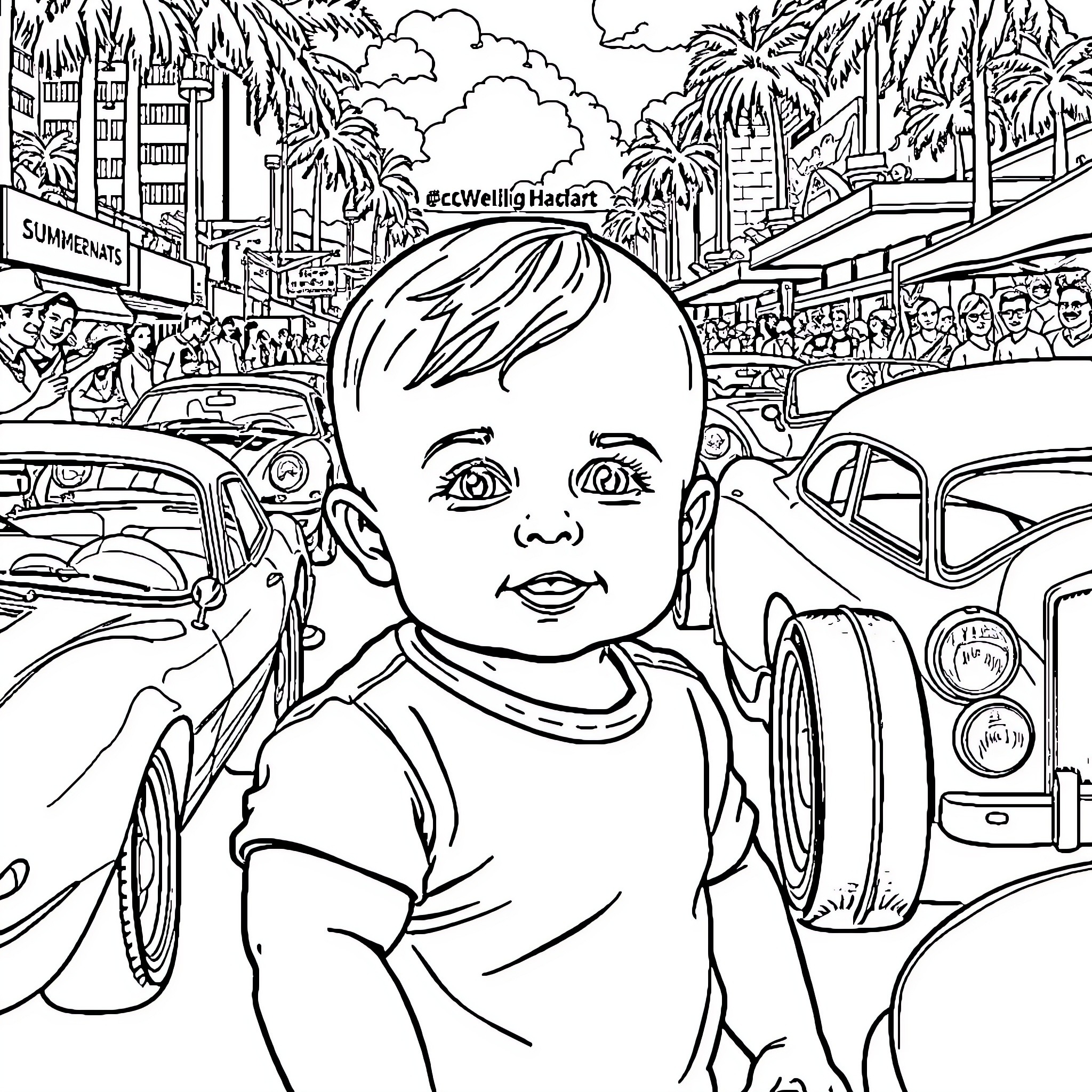Summernats street festival with crowds and vehicles Coloring Page (free black-and-white line drawing printable PDF for all, from beginners to advanced learners, including children, teens, adults, and seniors)