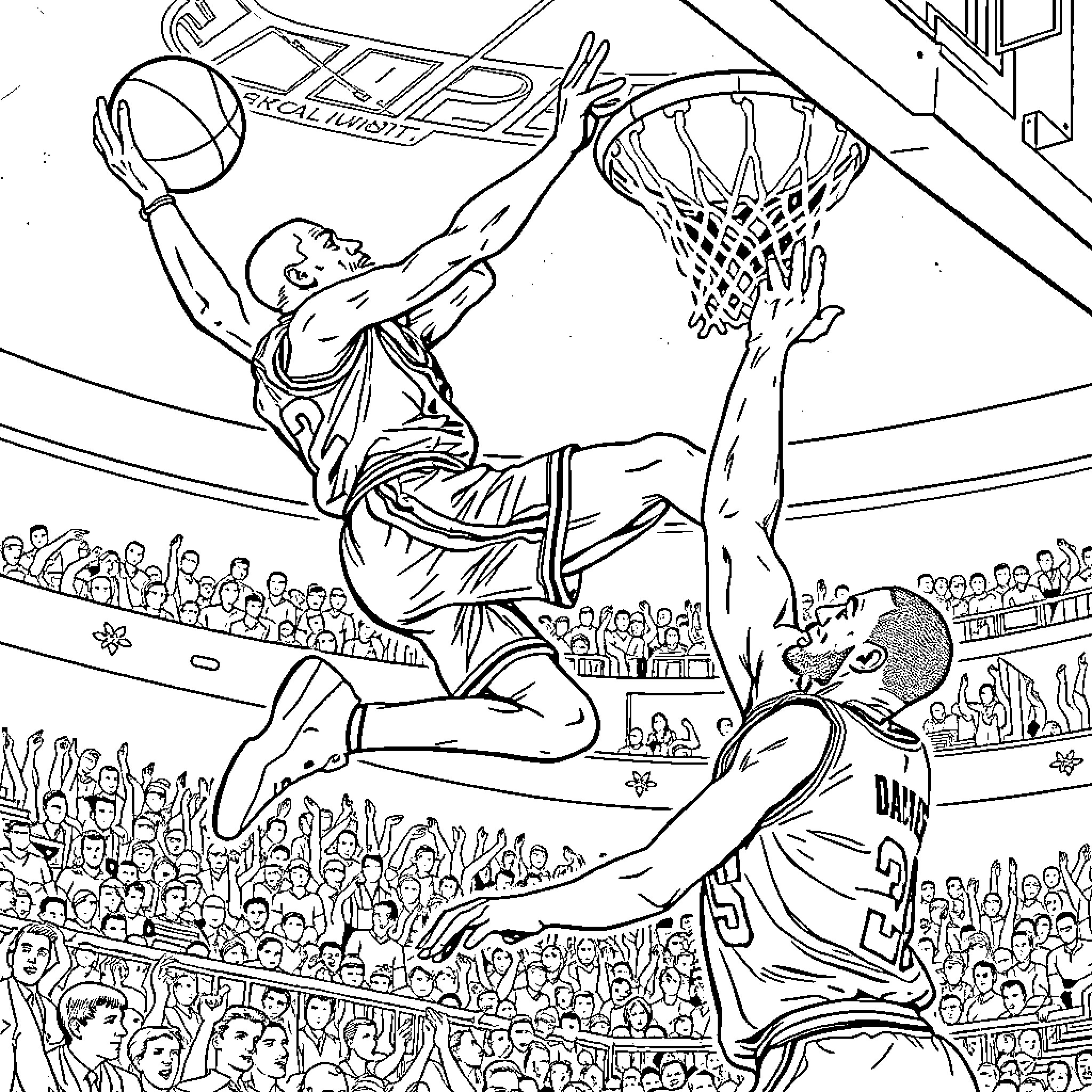 Michael Jordan's Basketball Dunk in the Arena Coloring Page (free black-and-white line drawing printable PDF for all, from beginners to advanced learners, including children, teens, adults, and seniors)