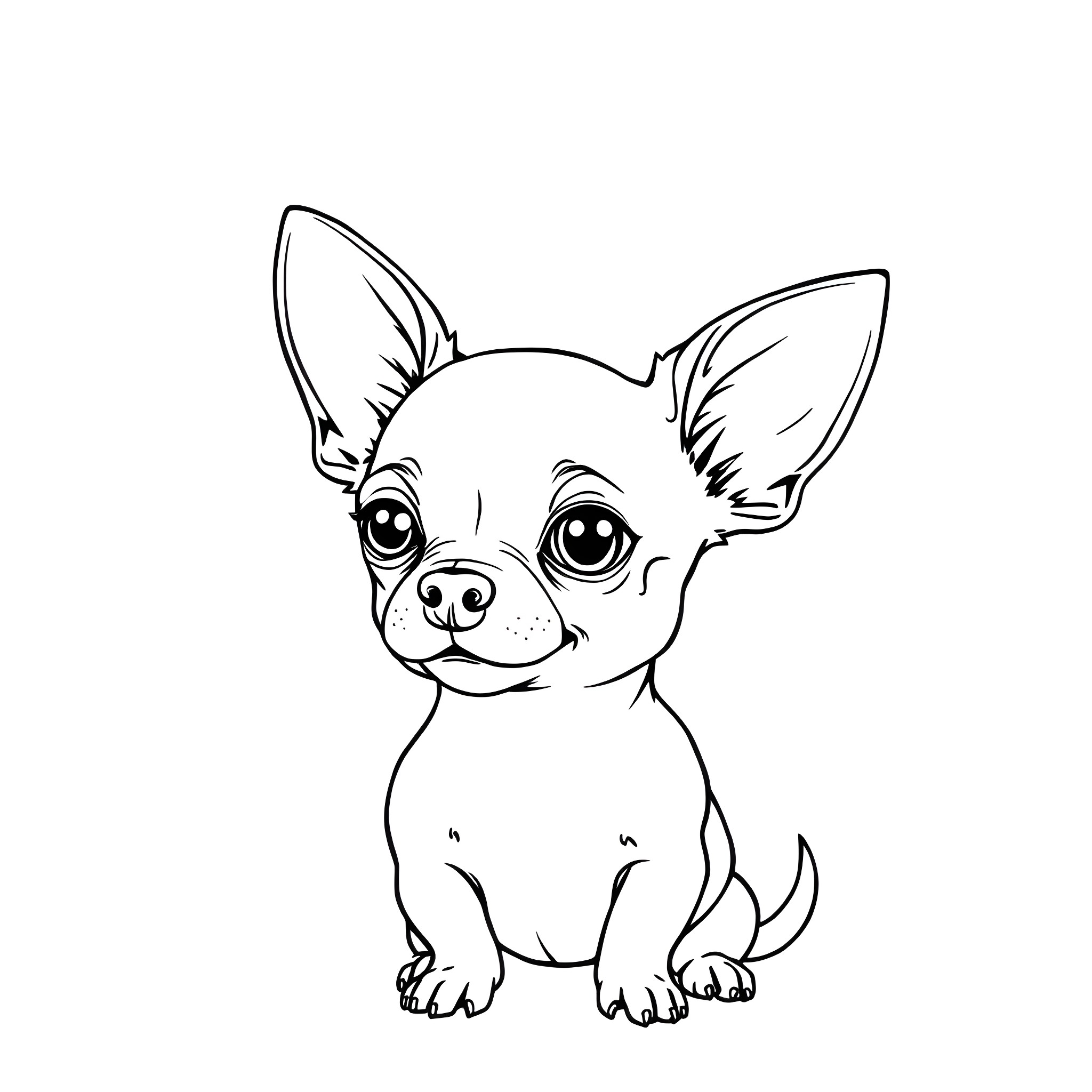Chihuahua sitting adorably with big eyes Coloring Page (free black-and-white line drawing printable PDF for all, from beginners to advanced learners, including children, teens, adults, and seniors)