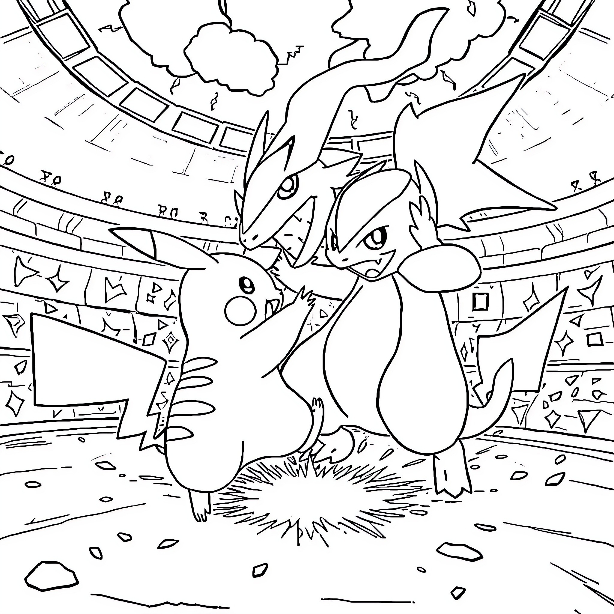 Pikachu playing in a colorful, fantastical landscape Coloring Page (free black-and-white line drawing printable PDF for all, from beginners to advanced learners, including children, teens, adults, and seniors)