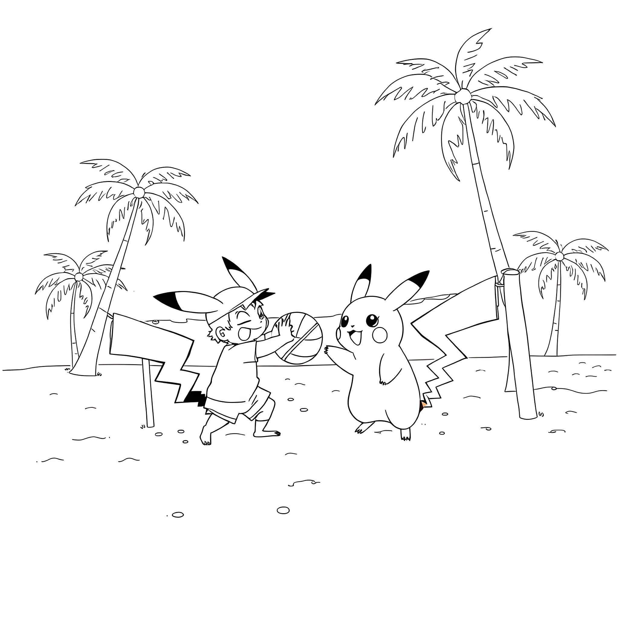 Ash Ketchum and Pikachu playing on a tropical beach Coloring Page (free black-and-white line drawing printable PDF for all, from beginners to advanced learners, including children, teens, adults, and seniors)