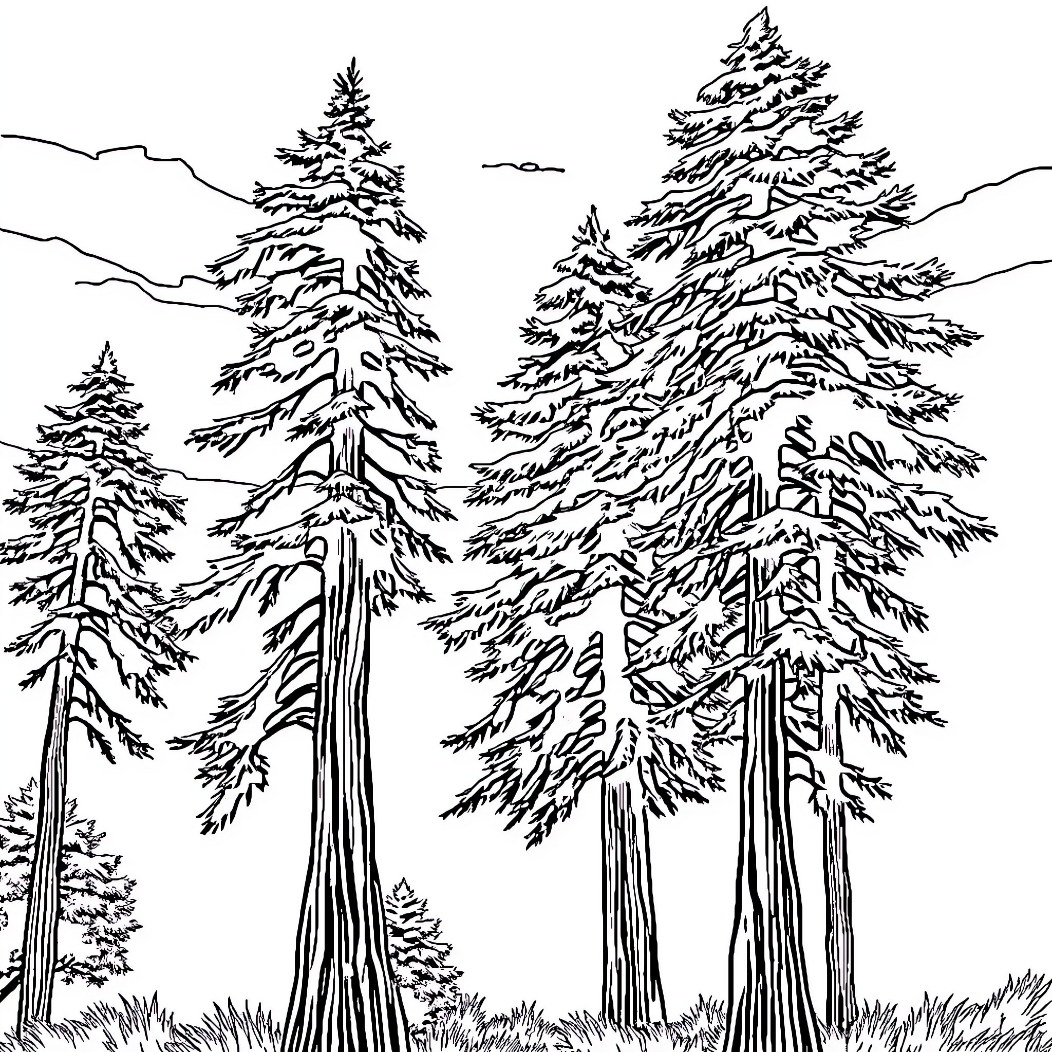 Trees in a snowy winter landscape Coloring Page (free black-and-white line drawing printable PDF for all, from beginners to advanced learners, including children, teens, adults, and seniors)