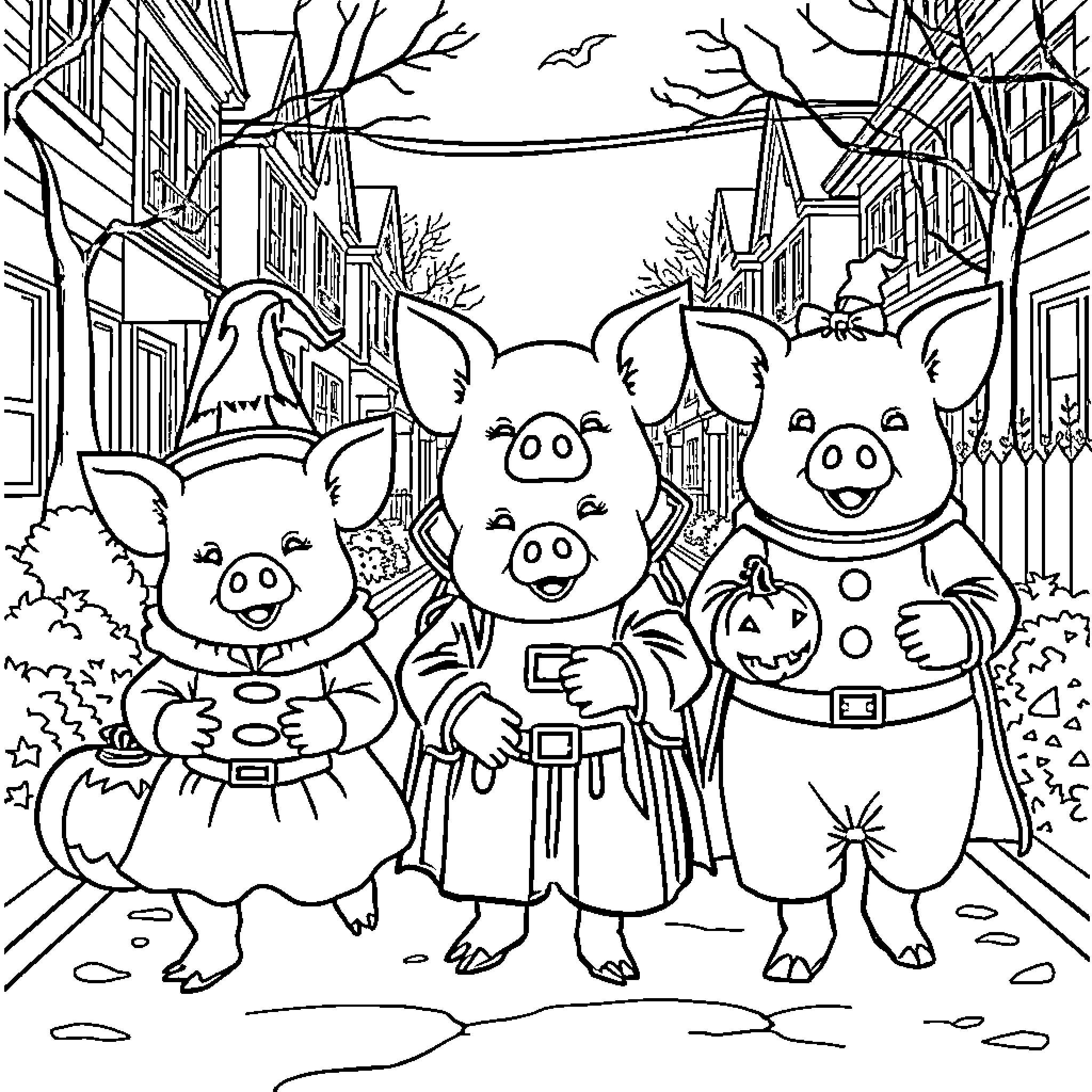 Pigs trick-or-treating in a spooky town Coloring Page (free black-and-white line drawing printable PDF for all, from beginners to advanced learners, including children, teens, adults, and seniors)