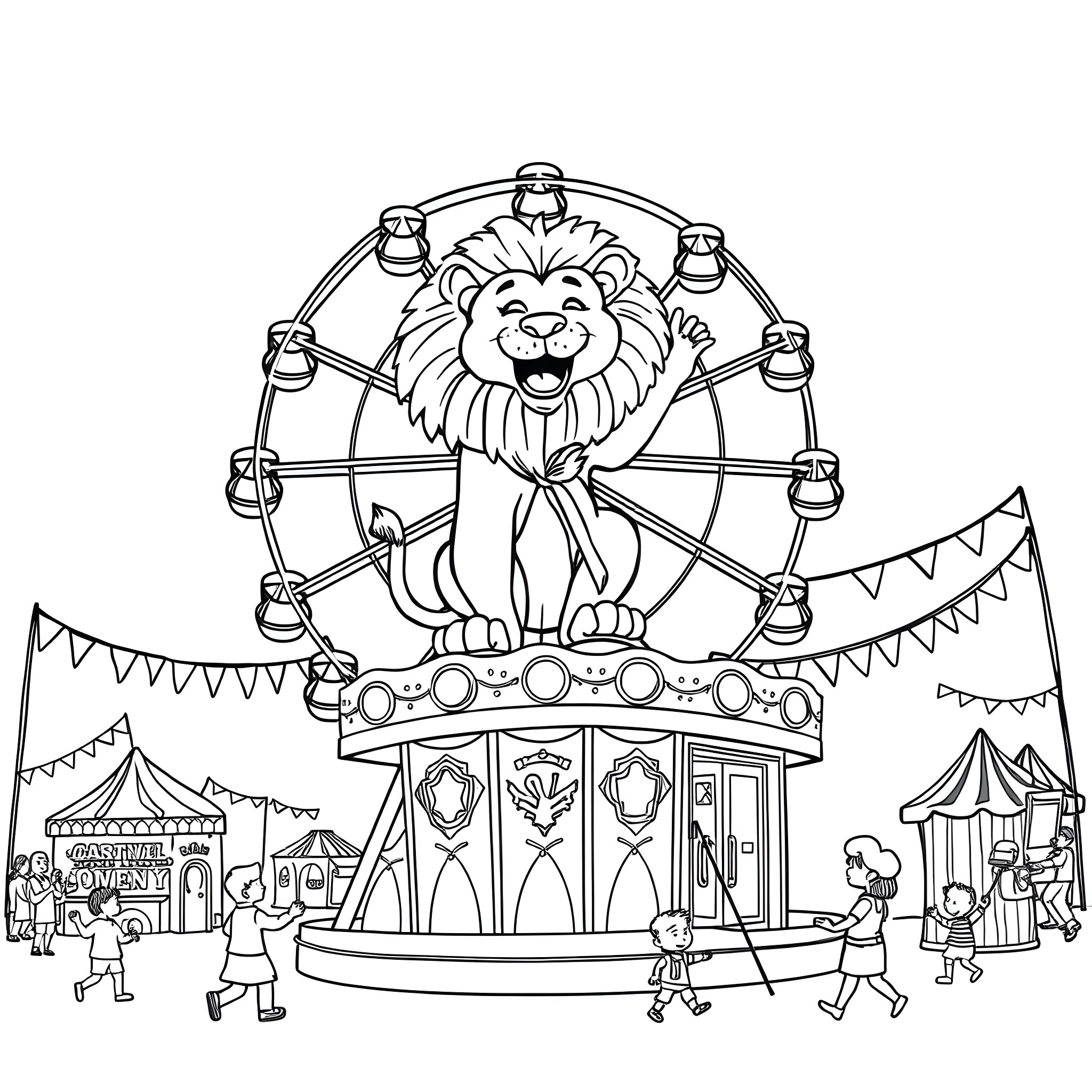 Lion in a Joyful Carnival Scene Coloring Page (free black-and-white line drawing printable PDF for all, from beginners to advanced learners, including children, teens, adults, and seniors)