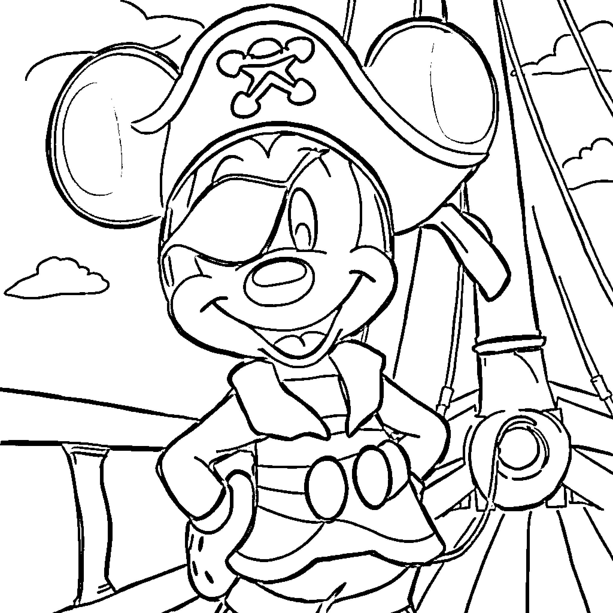 Mickey the Pirate Enjoying an Adventure on the High Seas Coloring Page (free black-and-white line drawing printable PDF for all, from beginners to advanced learners, including children, teens, adults, and seniors)