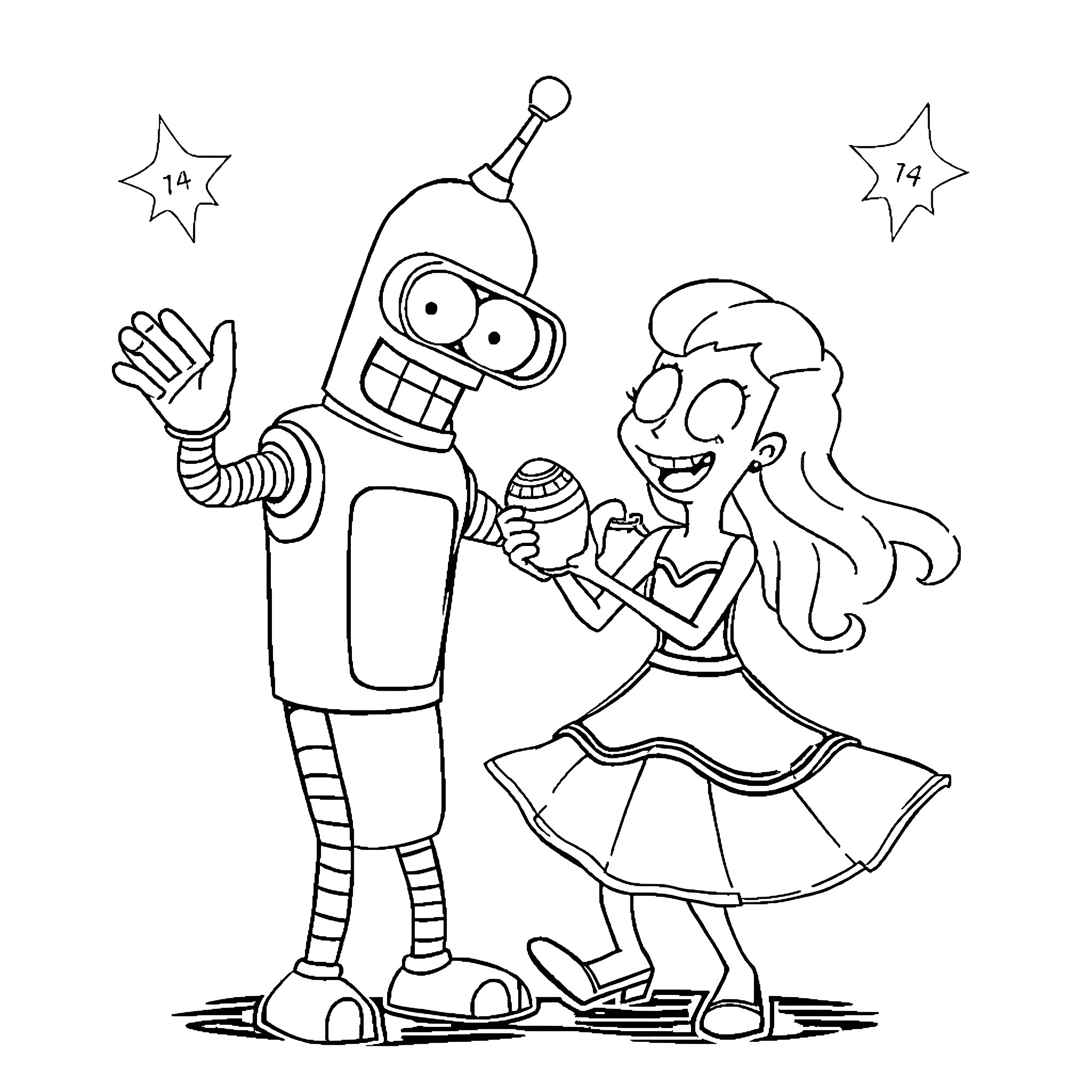 Bender and Cheerful Girl in Playful Interaction Coloring Page (free black-and-white line drawing printable PDF for all, from beginners to advanced learners, including children, teens, adults, and seniors)
