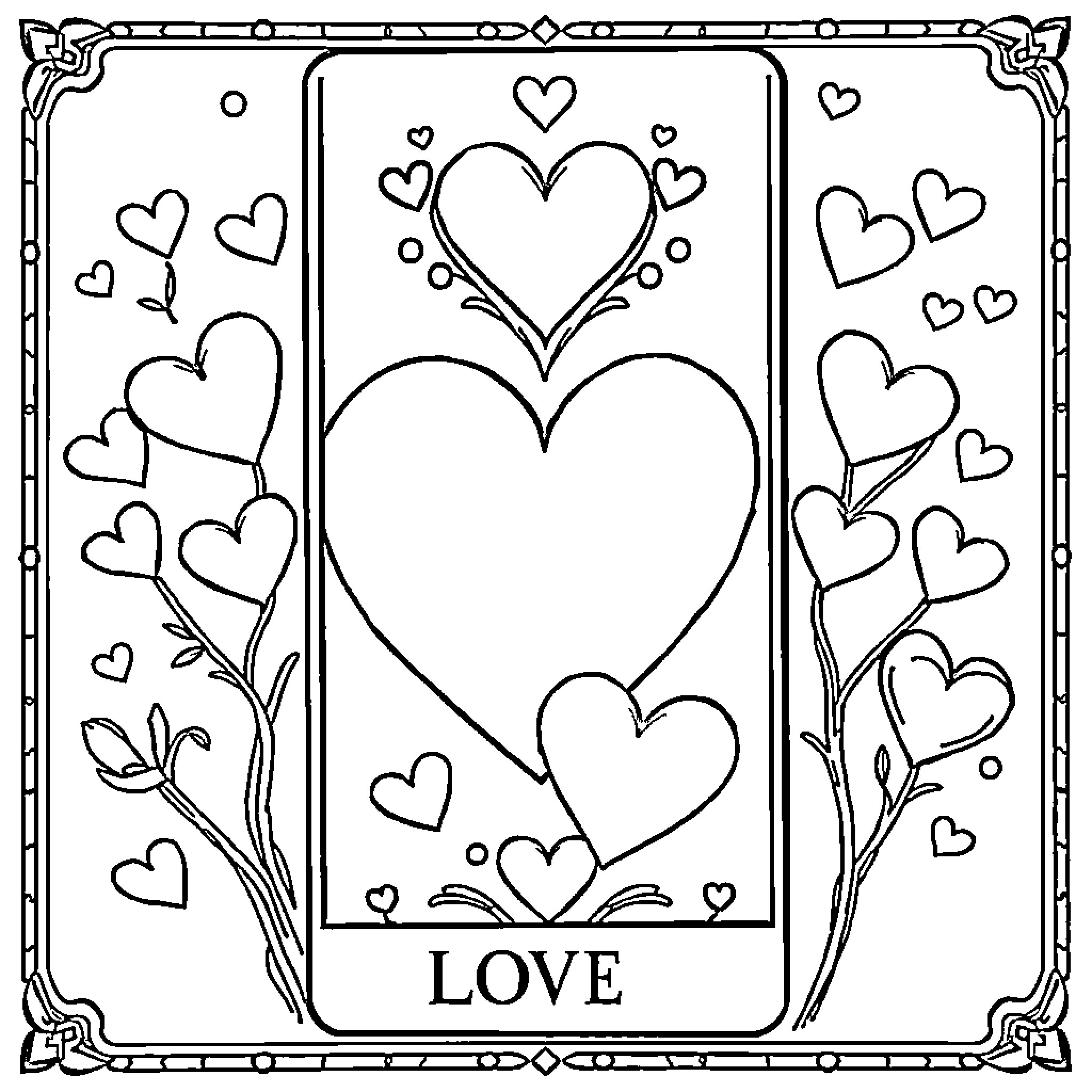 Tarot Card of Love and Hearts Coloring Page (free black-and-white line drawing printable PDF for all, from beginners to advanced learners, including children, teens, adults, and seniors)