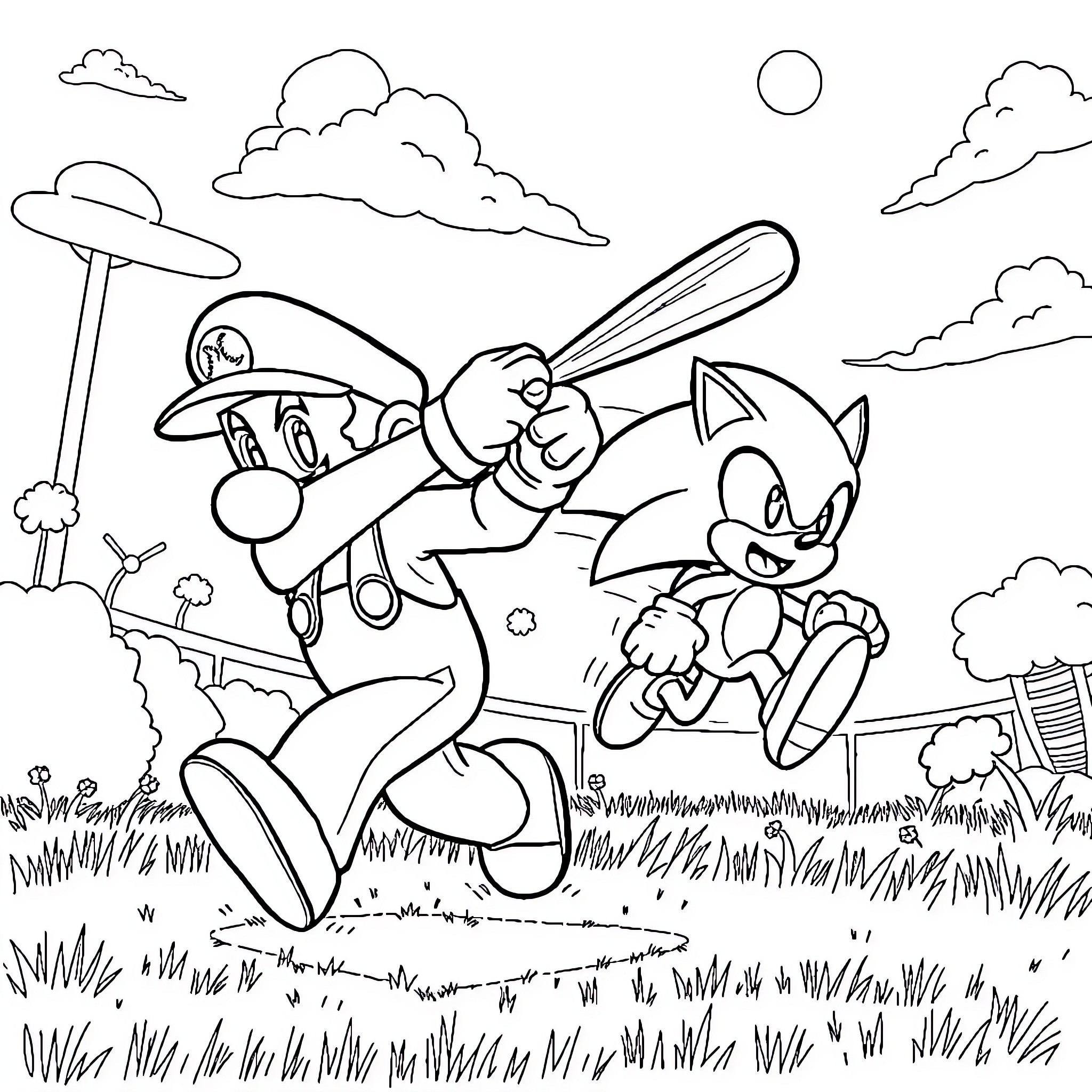 Mario and Sonic Engaging in Playful Antics Coloring Page (free black-and-white line drawing printable PDF for all, from beginners to advanced learners, including children, teens, adults, and seniors)