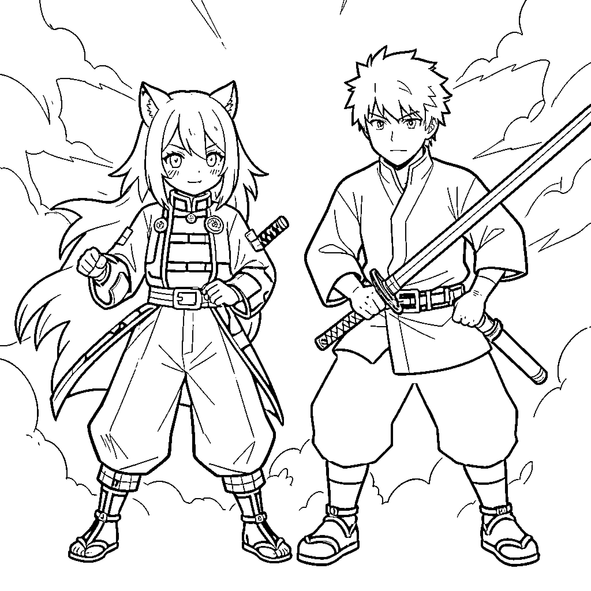 Nezuko and a companion standing ready with swords Coloring Page (free black-and-white line drawing printable PDF for all, from beginners to advanced learners, including children, teens, adults, and seniors)