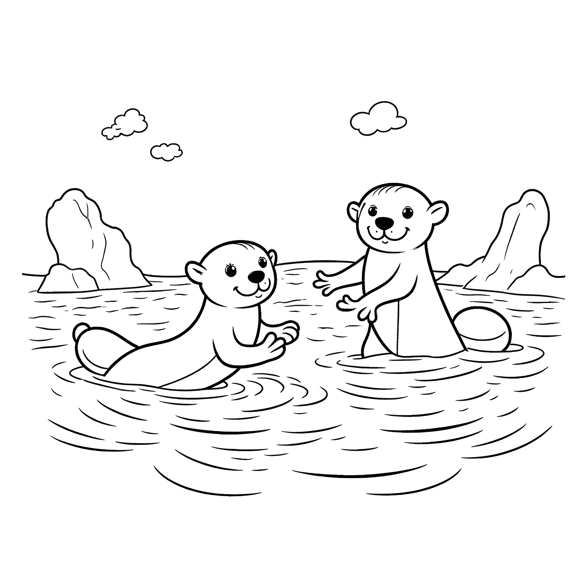 Otters playing in the water Coloring Page (free black-and-white line drawing printable PDF for all, from beginners to advanced learners, including children, teens, adults, and seniors)