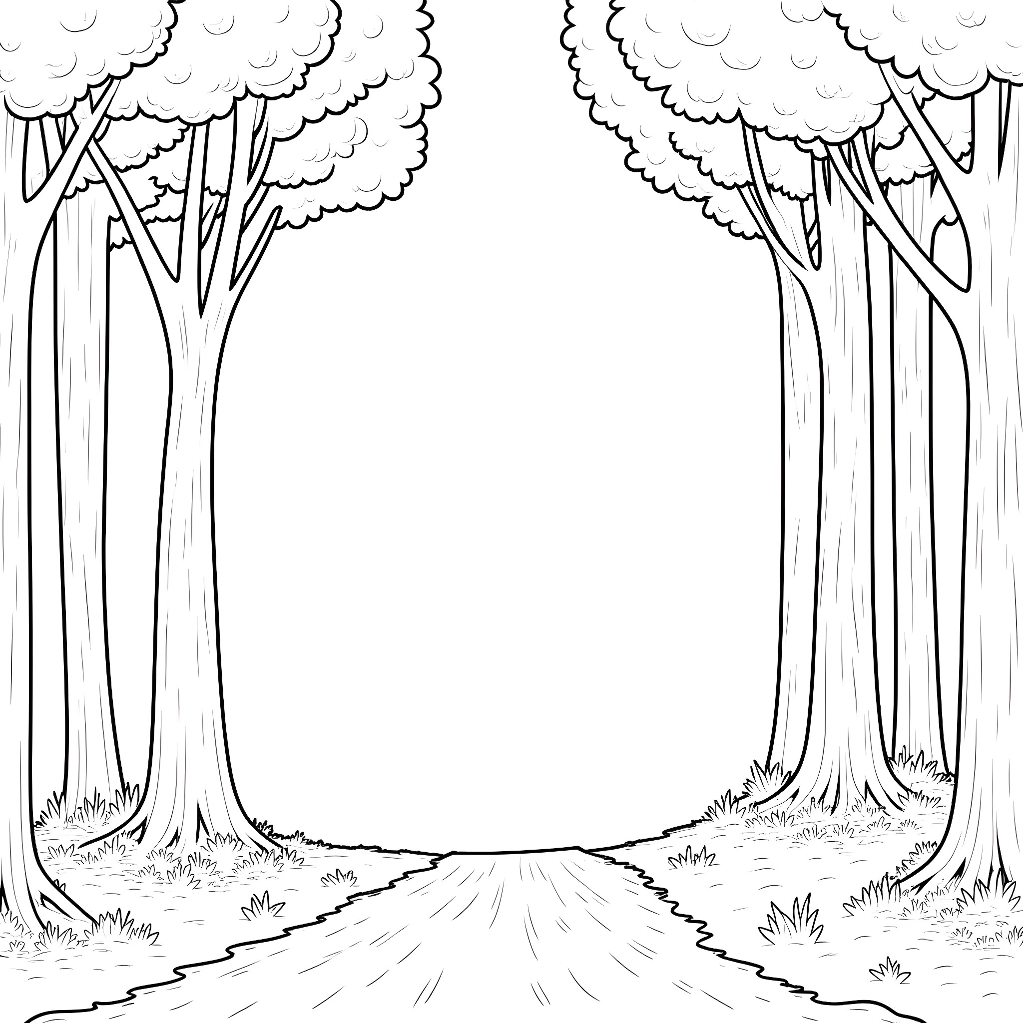 Wood forest path through canopy trees Coloring Page (free black-and-white line drawing printable PDF for all, from beginners to advanced learners, including children, teens, adults, and seniors)