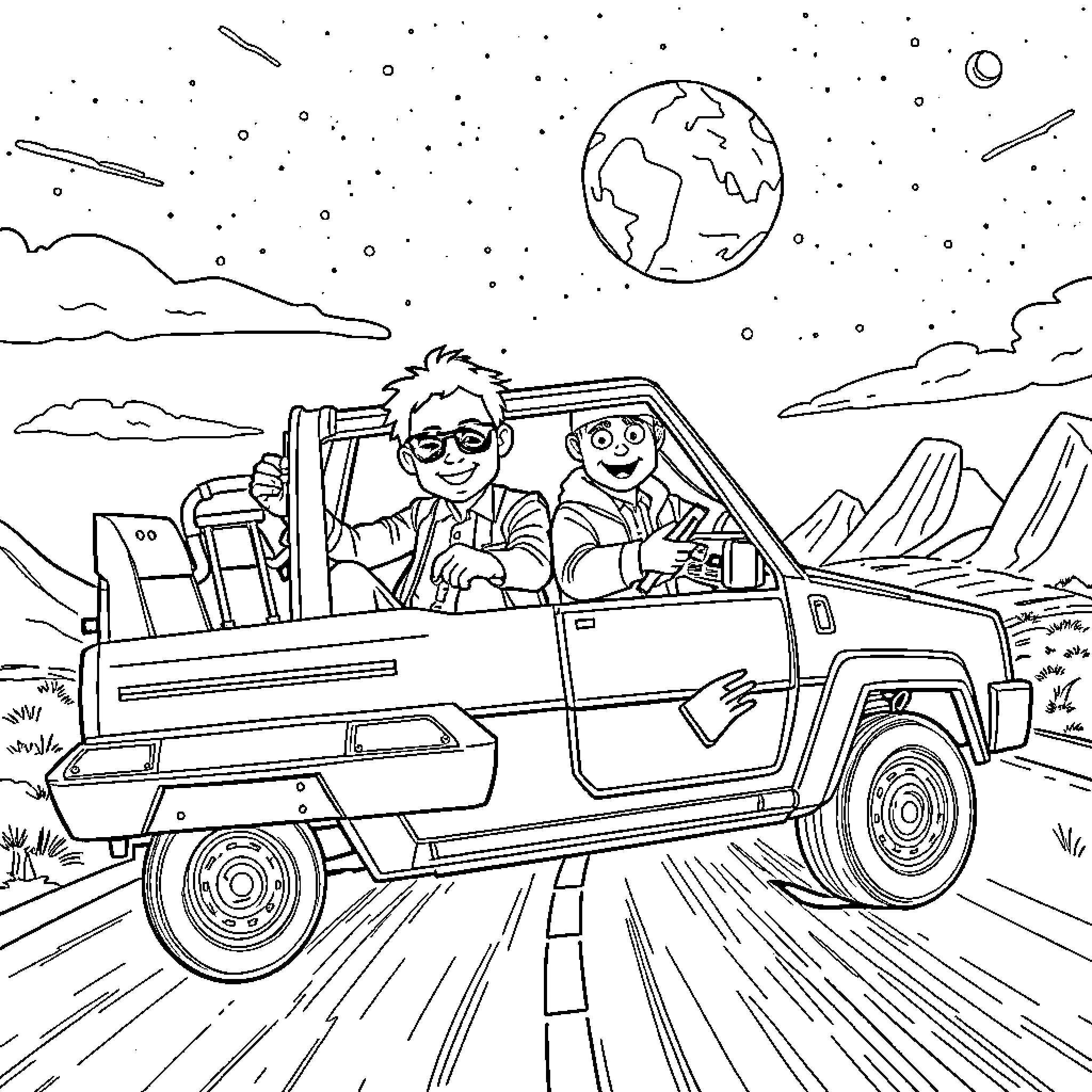 Cyber Truck Adventure in the Wilderness Coloring Page (free black-and-white line drawing printable PDF for all, from beginners to advanced learners, including children, teens, adults, and seniors)