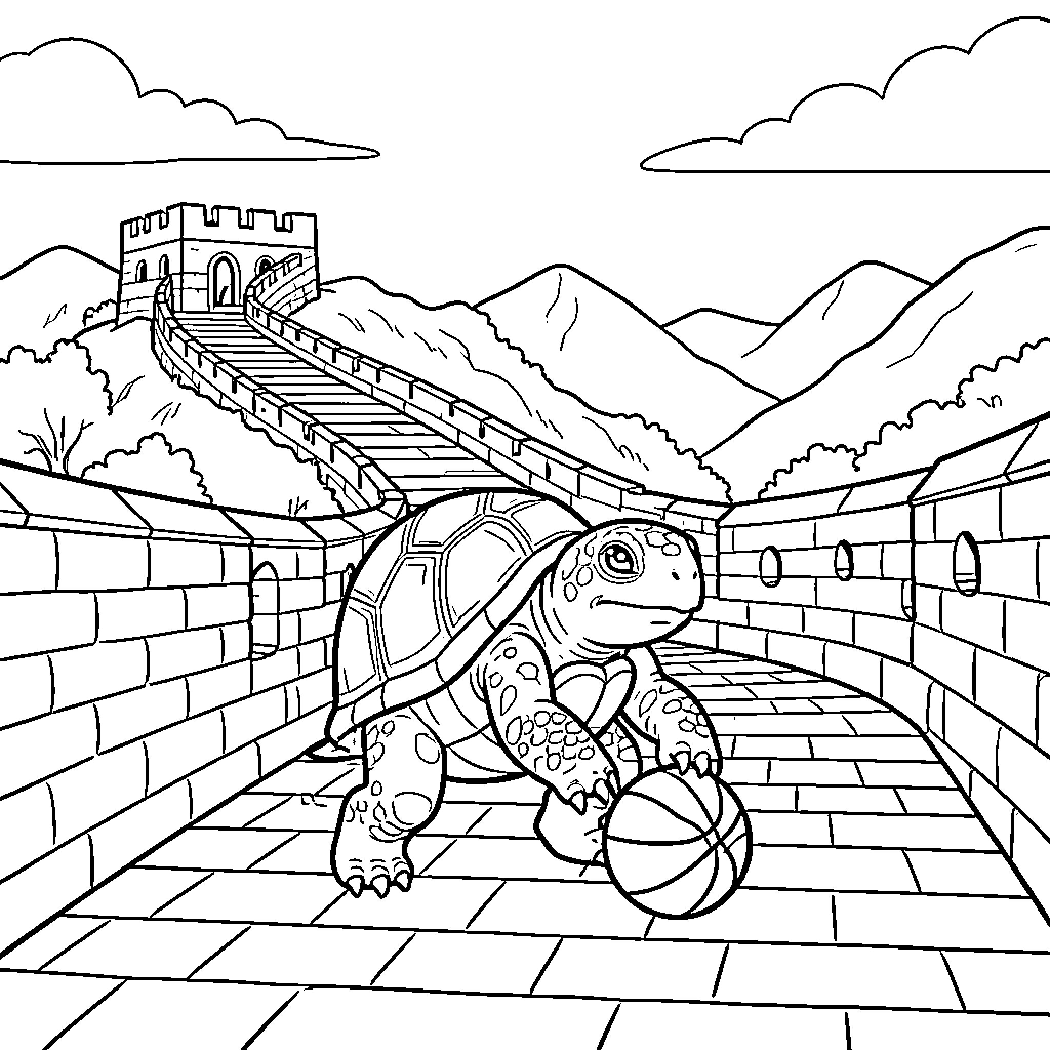 Turtle playing with a ball on a Great Wall Coloring Page (free black-and-white line drawing printable PDF for all, from beginners to advanced learners, including children, teens, adults, and seniors)
