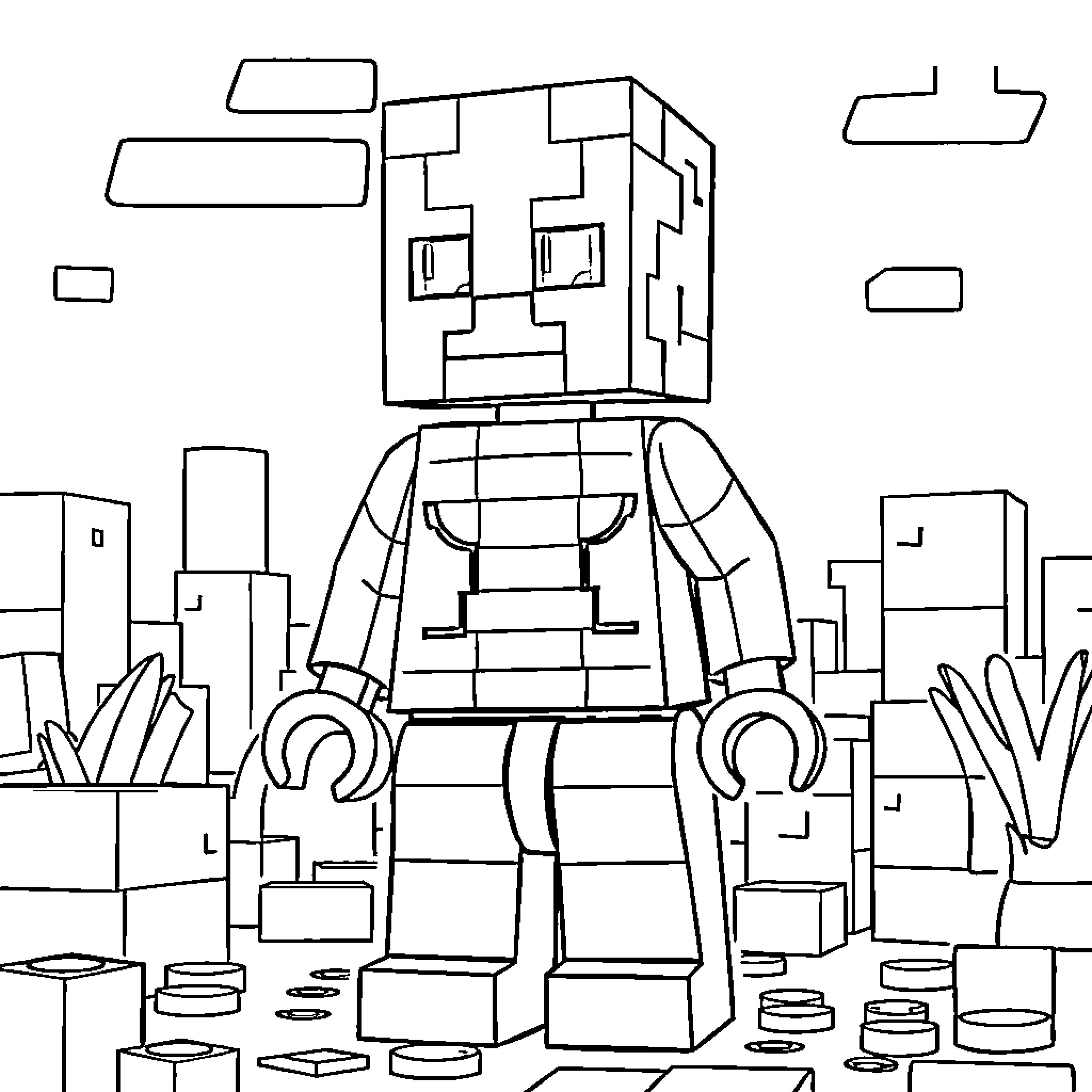 Enderman exploring a blocky cityscape Coloring Page (free black-and-white line drawing printable PDF for all, from beginners to advanced learners, including children, teens, adults, and seniors)