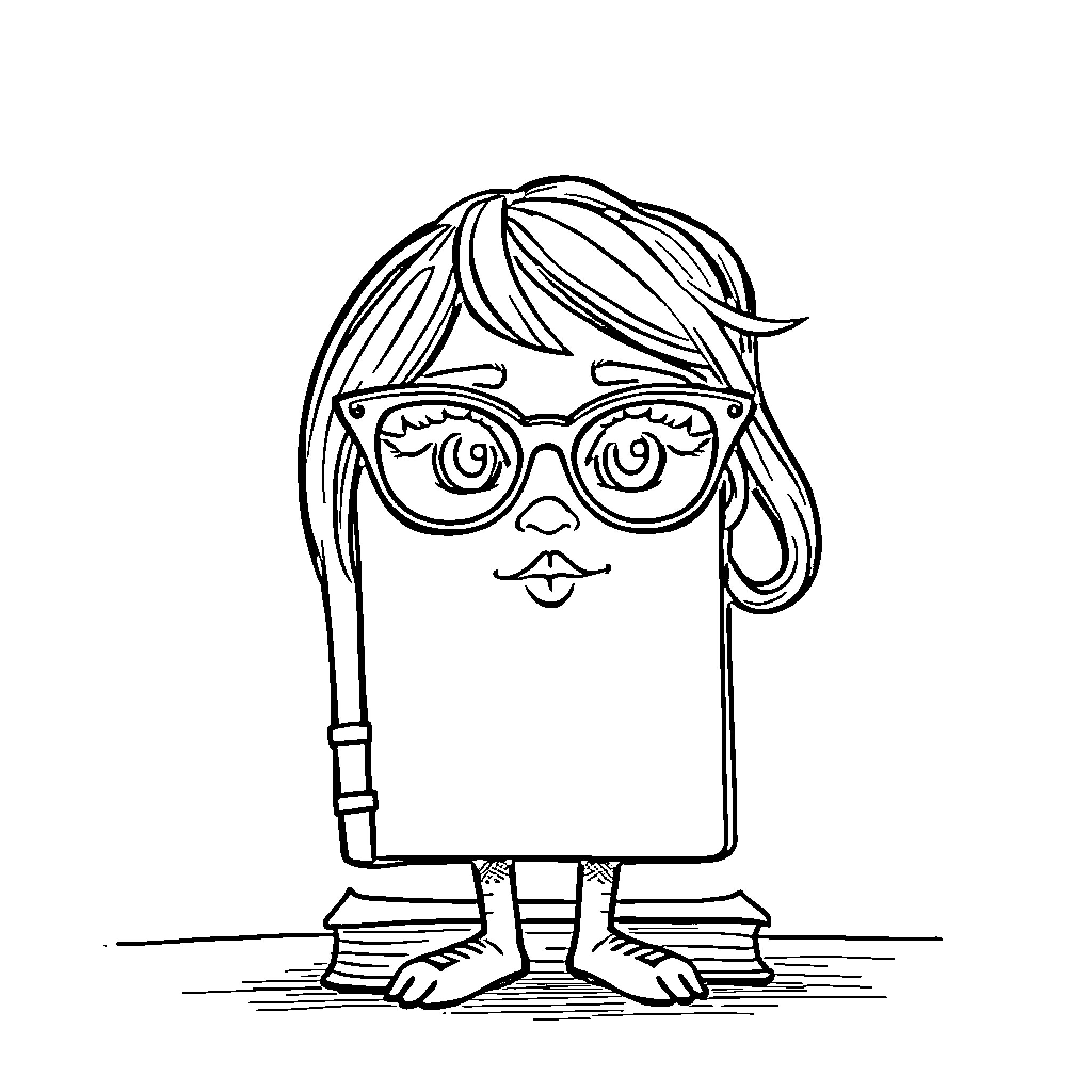 Book of Curious Girl with Glasses Coloring Page (free black-and-white line drawing printable PDF for all, from beginners to advanced learners, including children, teens, adults, and seniors)