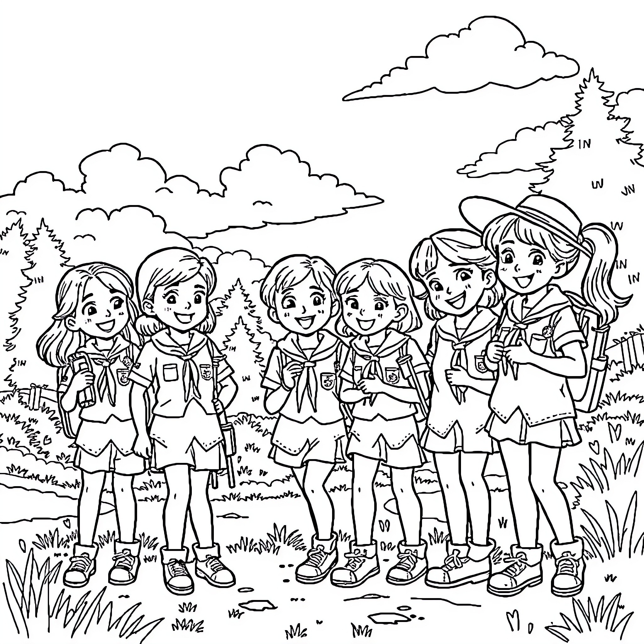 Girl Scout Troop Exploring the Outdoors Coloring Page (free black-and-white line drawing printable PDF for all, from beginners to advanced learners, including children, teens, adults, and seniors)