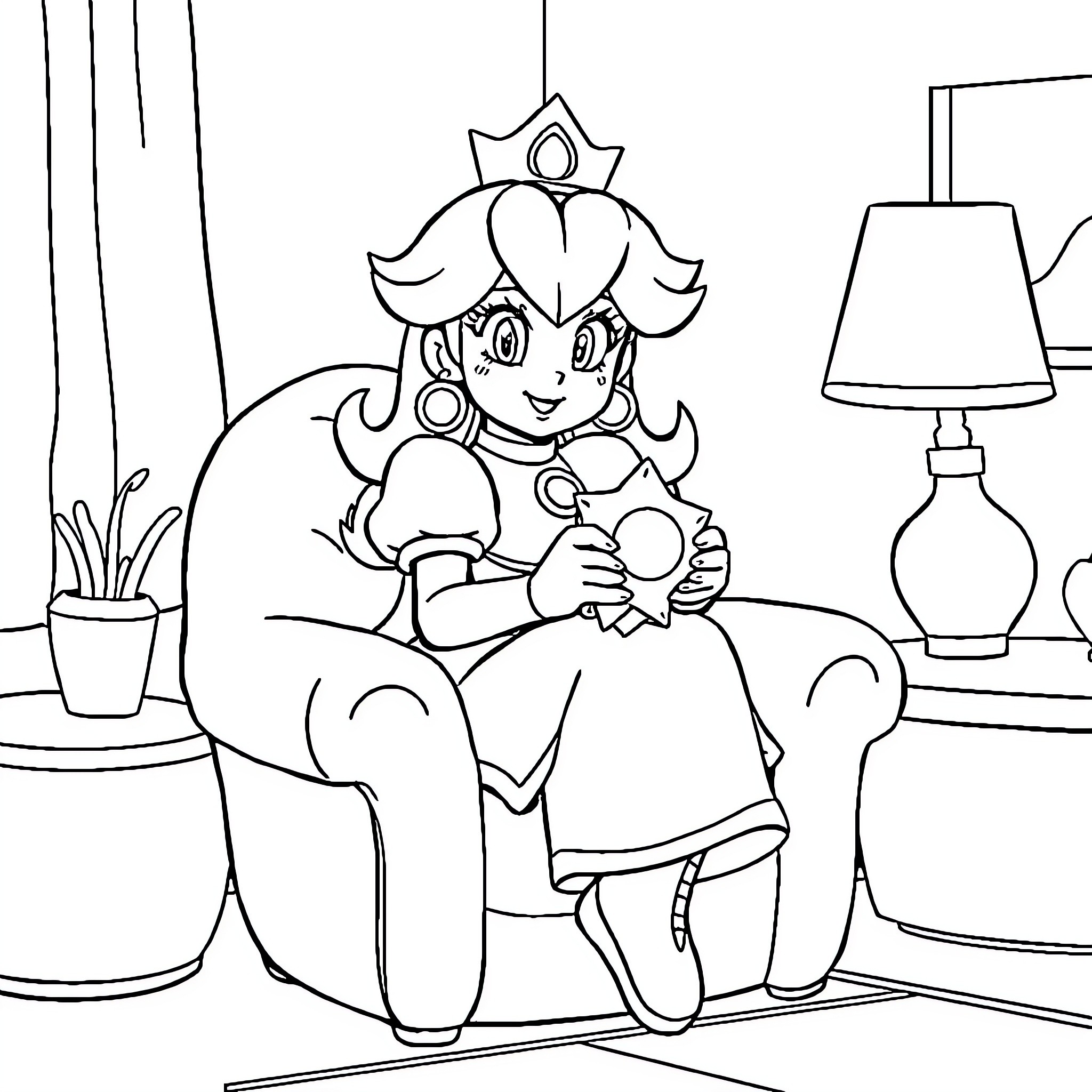 Peach enjoying a cozy day at home Coloring Page (free black-and-white line drawing printable PDF for all, from beginners to advanced learners, including children, teens, adults, and seniors)