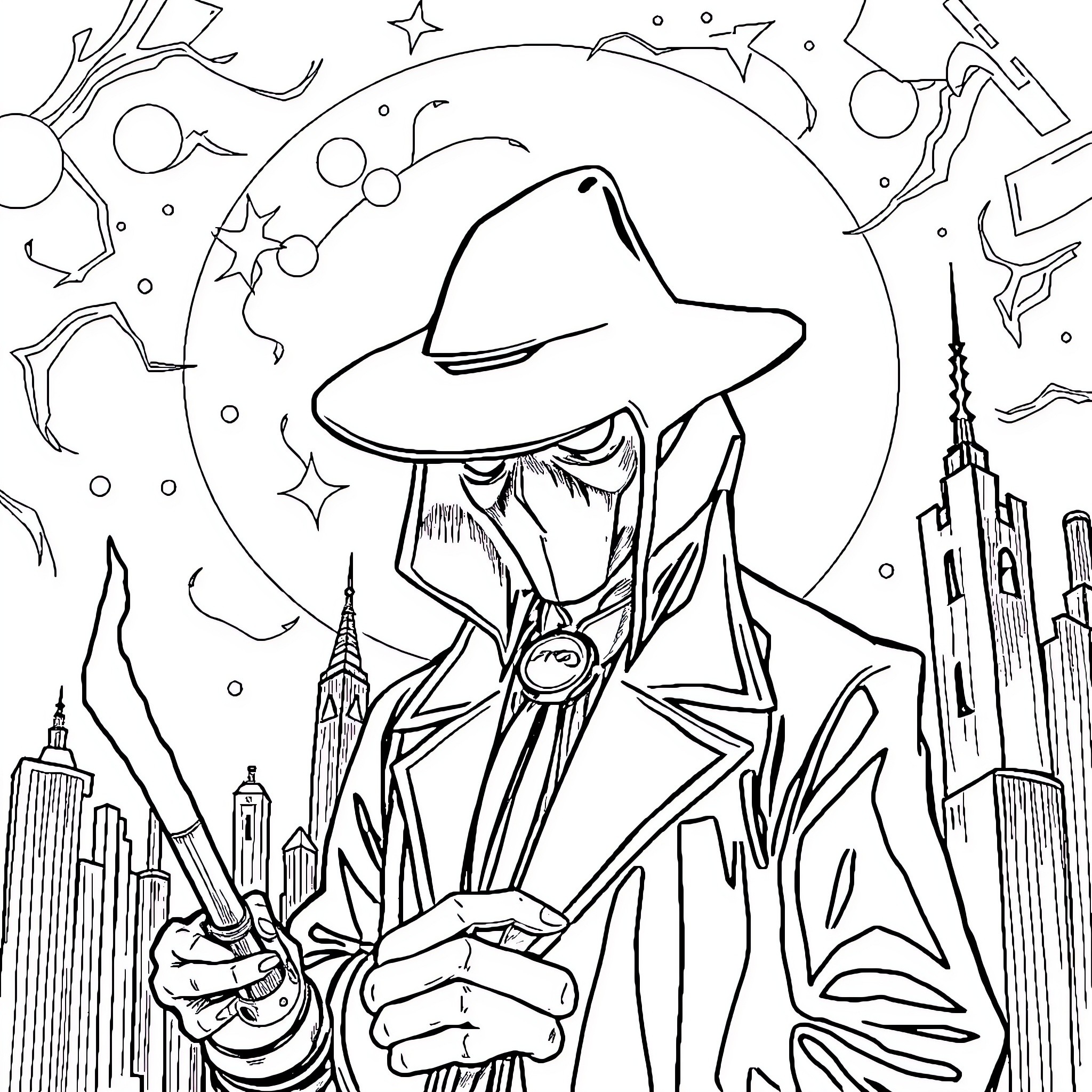 FND Mysterious Cloaked Figure in Fantastical Cityscape Coloring Page (free black-and-white line drawing printable PDF for all, from beginners to advanced learners, including children, teens, adults, and seniors)